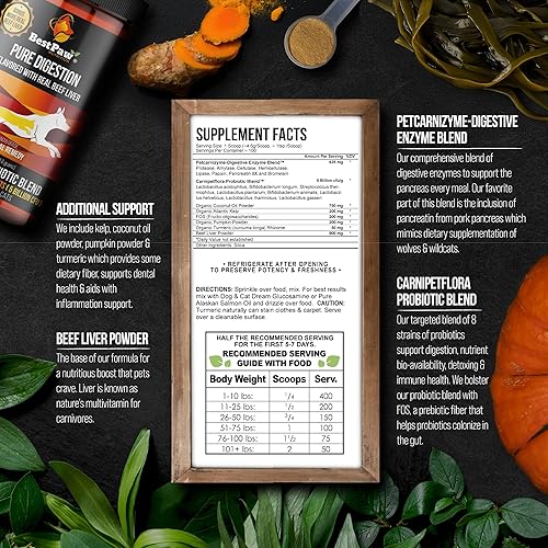 Miniatura 5 de Best Paw Nutrition Dog & Cat Premium probiótico prebiótico y enzimas digestivas 5 mil millones de UFC Aceite de coco de cúrcuma orgánico puro