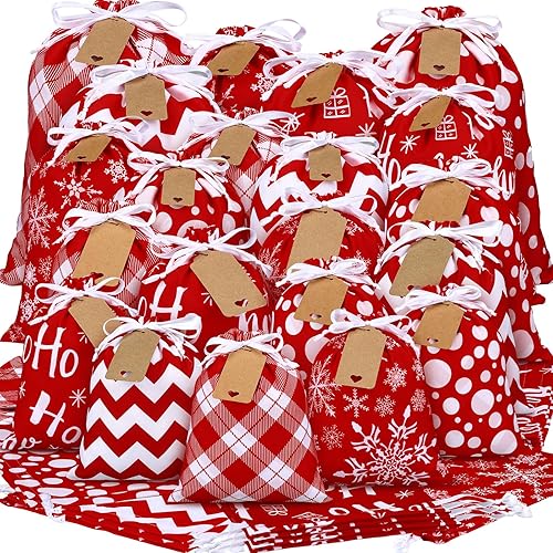 Miniatura 1 de Abbylike 40 bolsas reutilizables de regalo de Navidad con cordones, bolsas de regalo de tela con 5 diseños, 4 tamaños, bolsas de algodón de Navidad