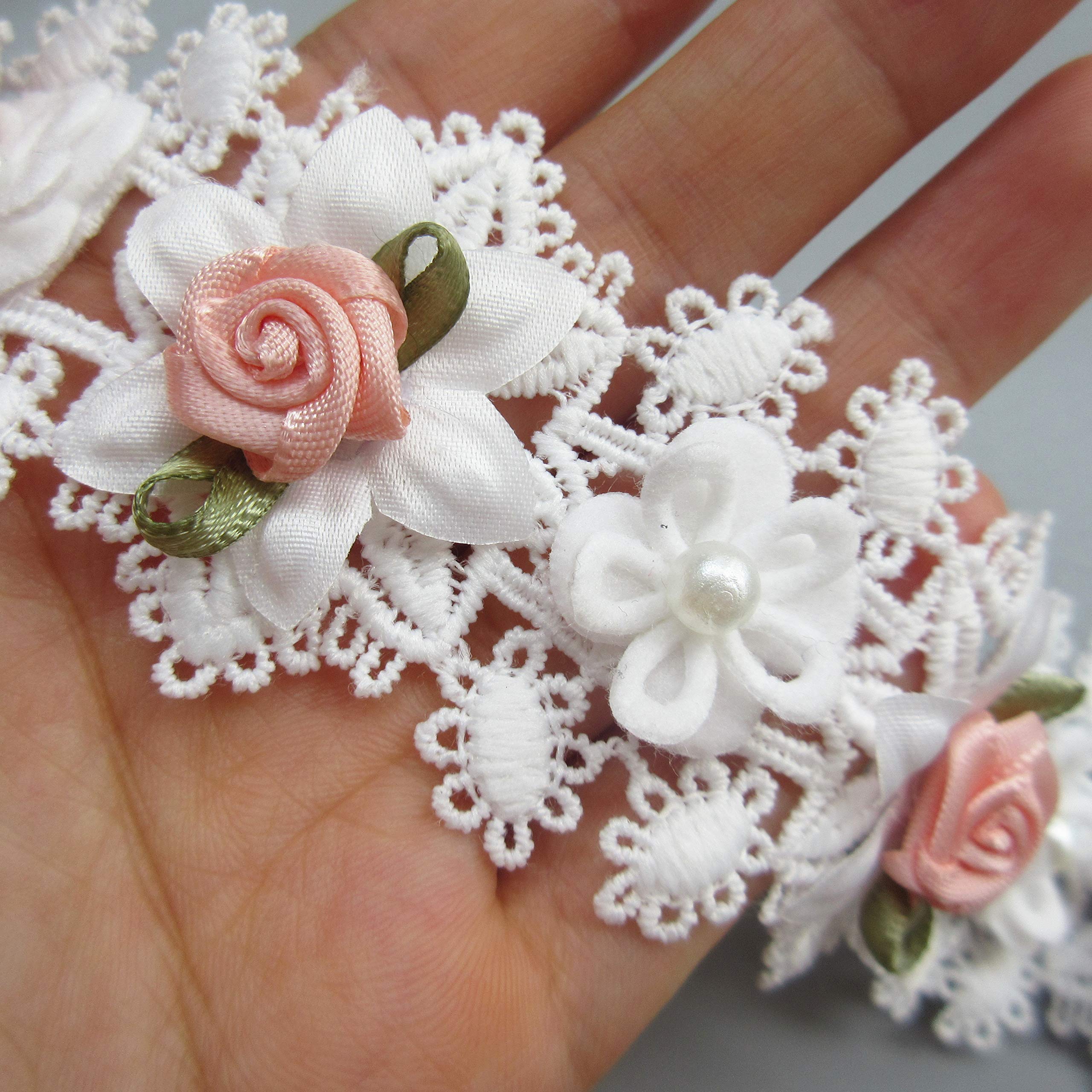 Ruban Dentelle Fleurs Perles 0.9m - Style Vintage Blanc - Pour Robe Mariée, Couture Et DIY