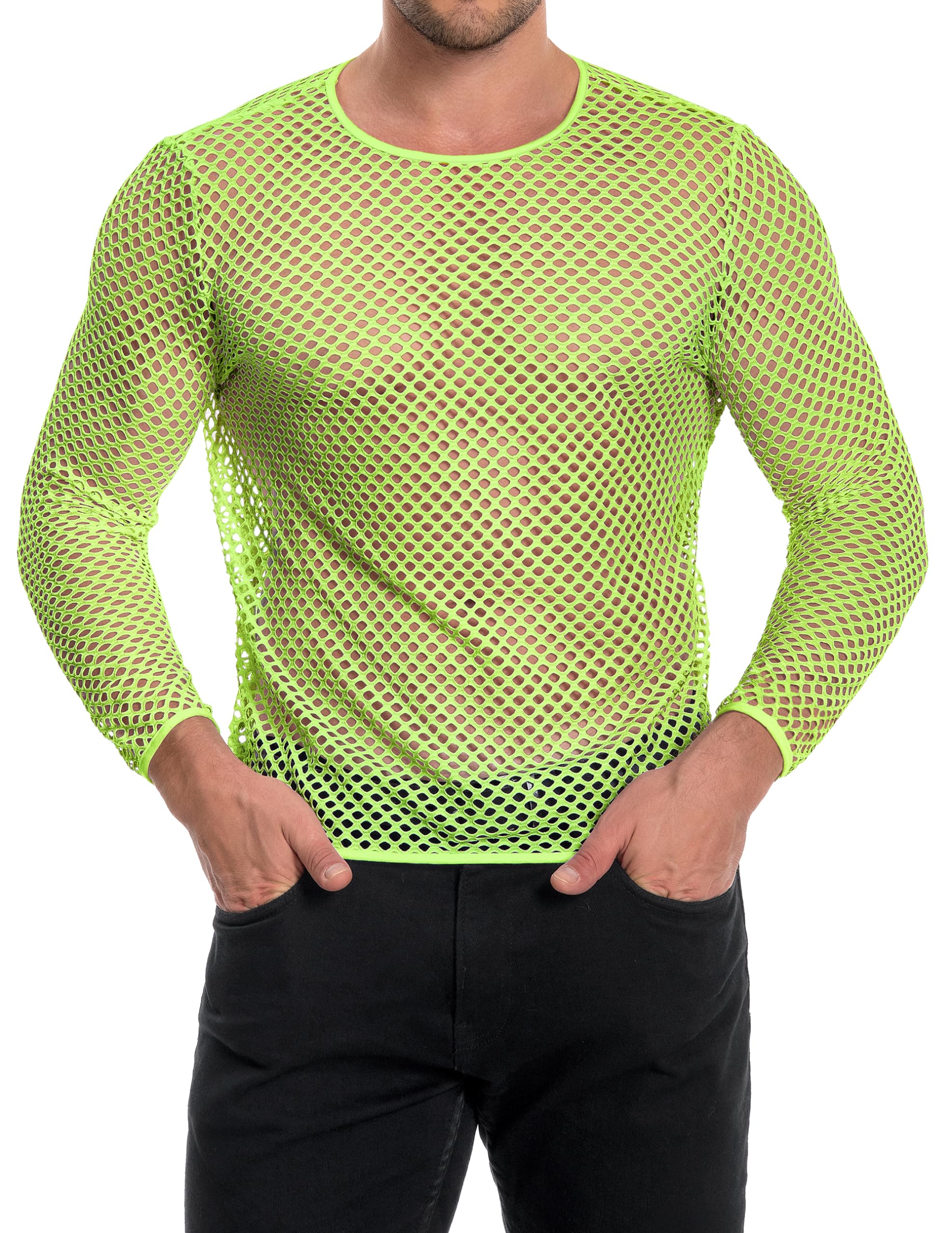 Men's Mesh Fishnet Top Long Sleeve Sheer See Through T Shirt Fitted Muscle Blouse Clubwear