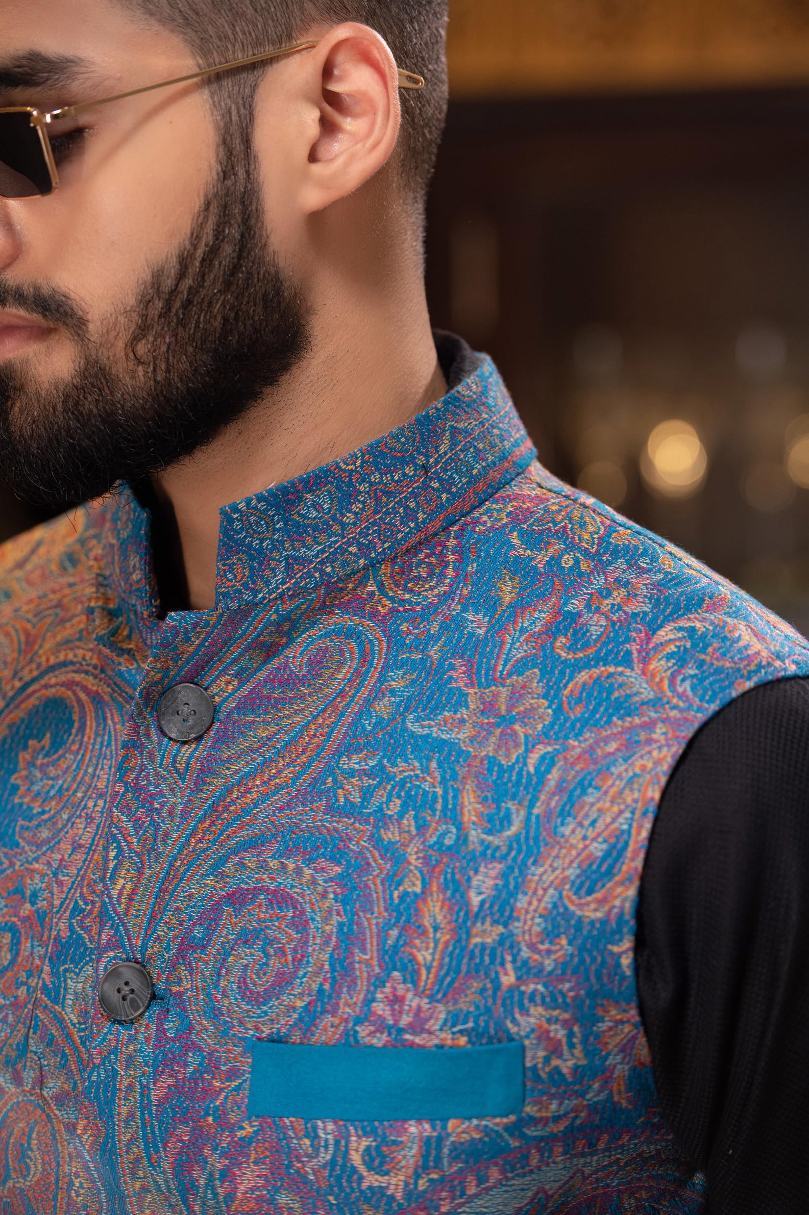 Pashtush Mens Woven Jacquard Waistcoat, Structured Slim Fit, Saphire Blue (44 - XL) 3