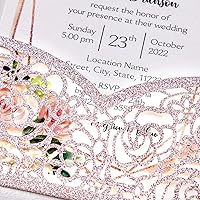 Vista 7 de Juego de 50 invitaciones de boda personalizadas de oro rosa con purpurina de 4.7 x 7 pulgadas, tarjetas de invitación de boda con sobres