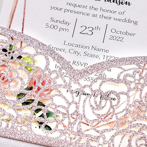 Miniatura 7 de DreamBuilt 4.7 x 7 pulgadas, 50 unidades de invitaciones de boda en blanco con purpurina de oro rosa con corte láser, bolsillo hueco de rosa,