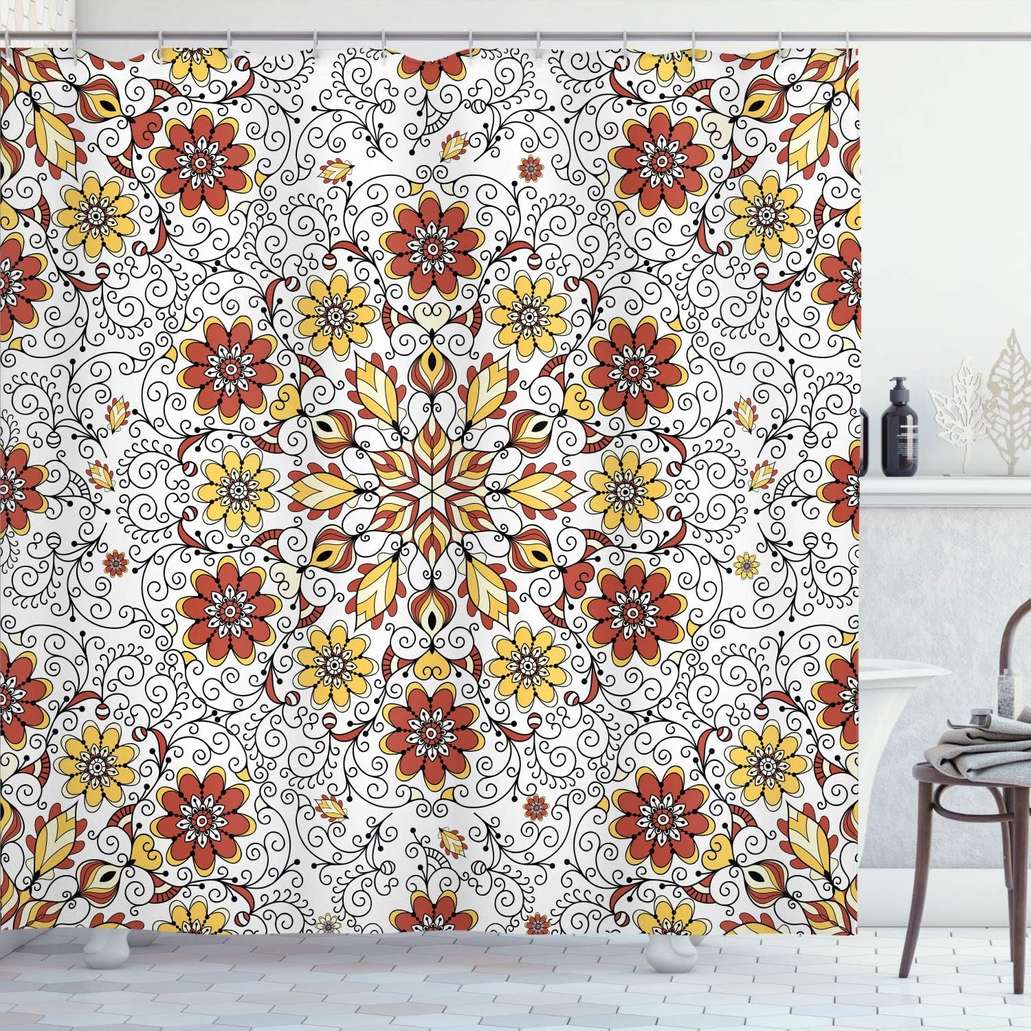 Ambesonne Ethnic Shower Curtain, Vintage Abstract Flower Swirls Leaves Doily Style Pastel Illustration, Cloth Fabric Bathroom Decor Set with Hooks, 75" Long, Pale Chocolate