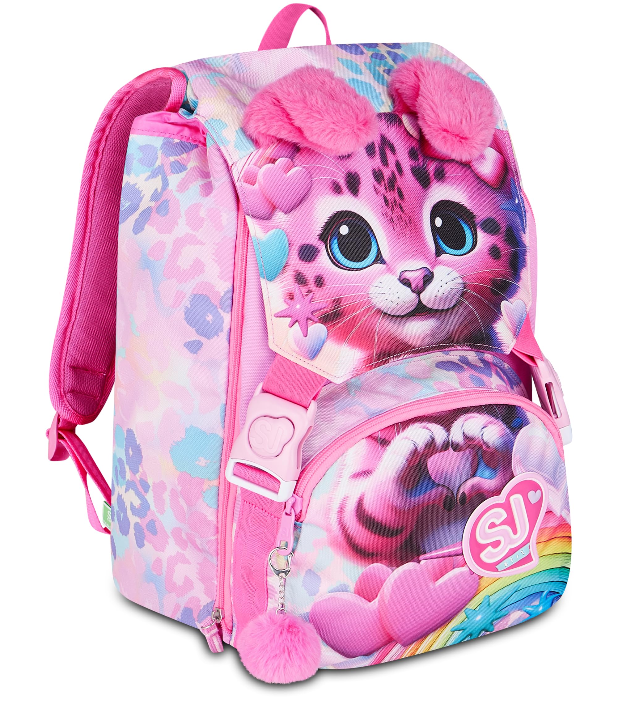 SJ GANG STYLE JAM GANG Zaino Scuola Estensibile Big HEART BUDDY GIRL, Rosa, 24 L, Zip laterali, Orecchie gatto morbide sollevabili, Tasca portaborraccia, Scuola elementare e media, Bambina, Ragazza
