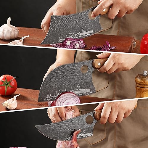 Miniatura 4 de Lccowot Juego de cuchillos de carnicero de 3 piezas, cuchillo de carnicero de 7 pulgadas, cuchillo de chef serbio de 7 pulgadas y cuchillo vikingo