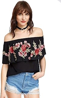Women's Ruffle Off Shoulder Rose Embroidery Loose Blouse Top