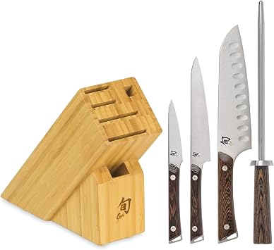 Shun Kanso 5 Piece Block Set | Includes 3.5" Paring, 7" Santoku, 6" Utility Knives and More, Handcrafted, AUS10A Stainless Steel Blades, Tagayasan Handle