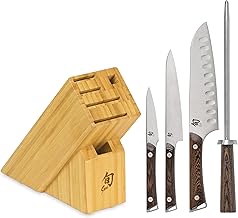 Shun Cutlery Kanso 5-Piece Block Set, Kitchen Knife and Knife Block Set, Includes 3.5” Paring Knife, 7” Santoku Knife, 6” Utility Knife & Honing Steel, Handcrafted Japanese Kitchen Knives