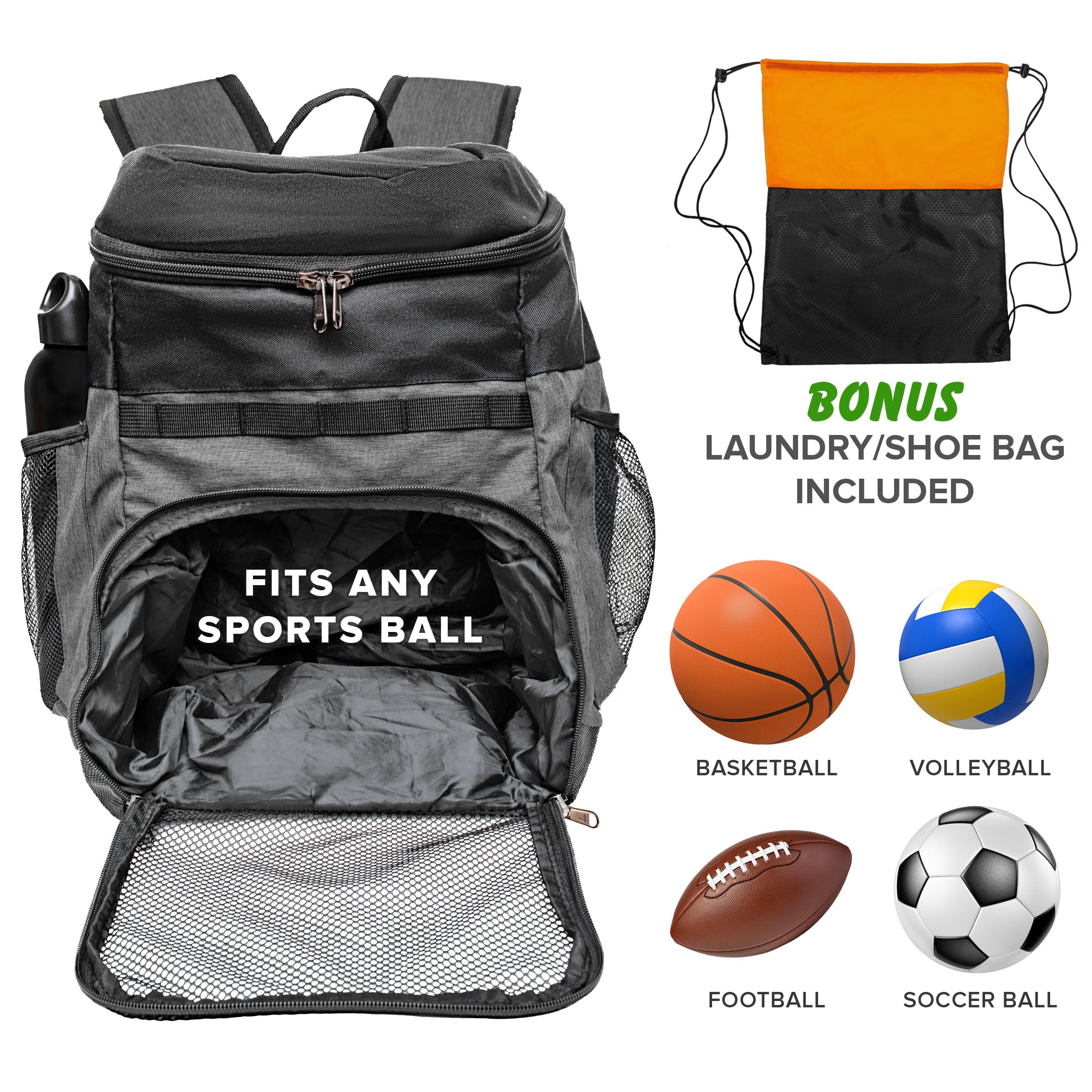 Xelfly Mochila de baloncesto con compartimento para pelotas, bolsa de equipo deportivo para balón de fútbol, voleibol, gimnasio, al aire libre, viajes, escuela, equipo, 2 bolsillos para botellas,