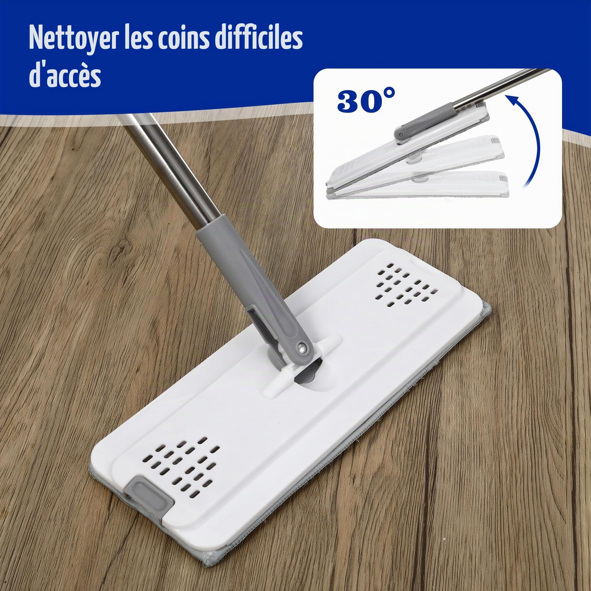 Serpillere Microfibre, Balai Serpillère et Seau Serpillere 2 en 1, Seau Essoreur avec 5 tampons en Microfibre lavables et poignée réglable en Acier Inoxydable, Mop Utilisation Humide et sèche, Blanc