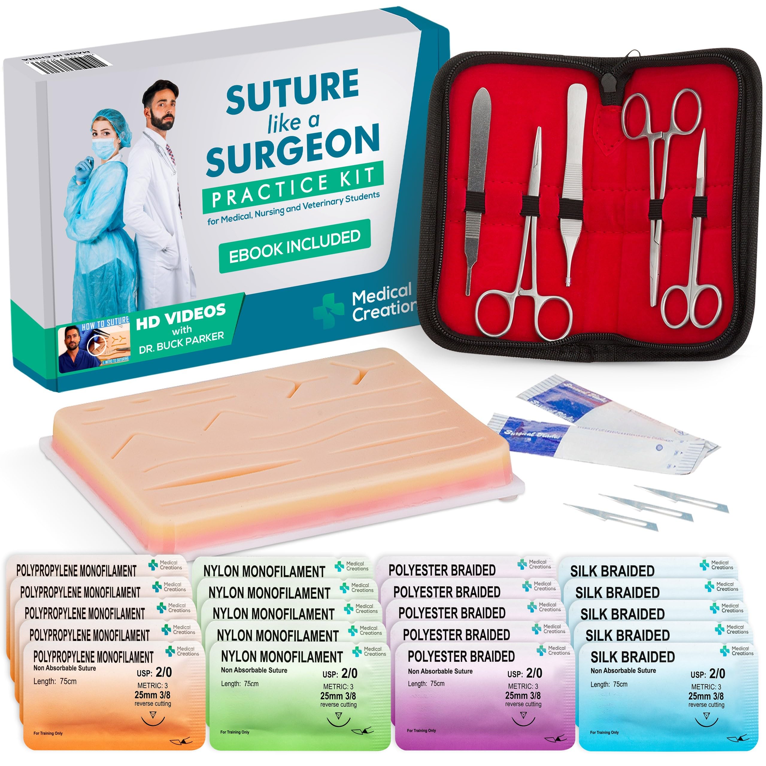 Kit di Pratica per Suture Medical Creations con Video in HD e Ebook inclusi (in inglese) - Cuscinetto di Sutura in Silicone Riutilizzabile con Kit di Strumenti per Studenti di Medicina