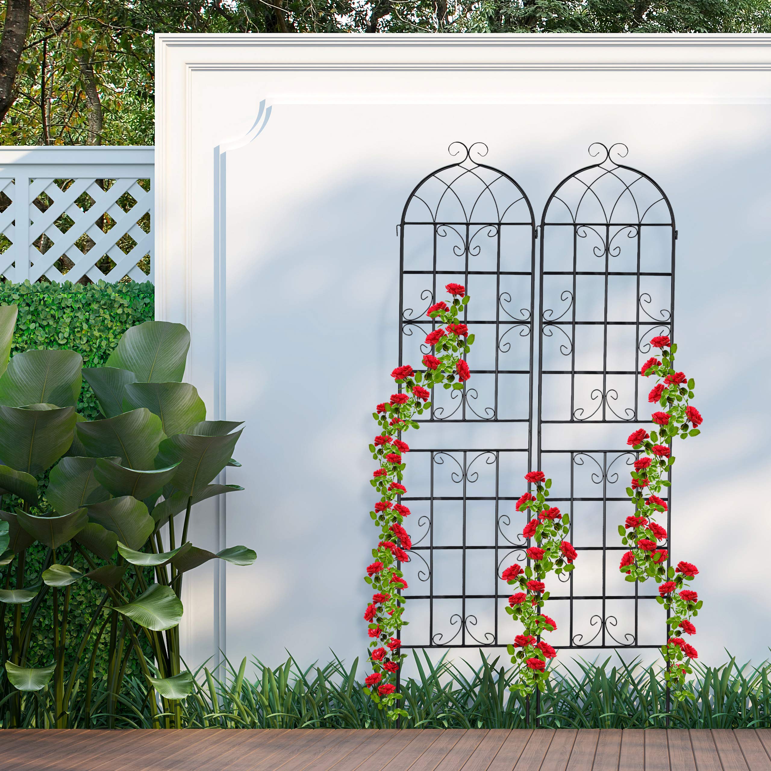 Set de 4 Soportes Plantas Metálicos, con Estacas, Enrejado para Trepadoras, 220 x 50 cm, Jardín, Negro