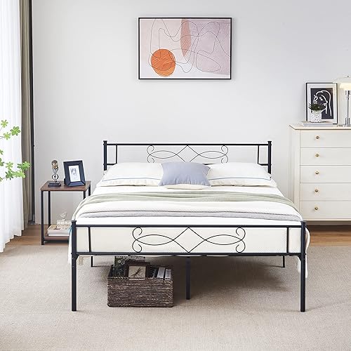 Miniatura 4 de VECELO Base de cama de tamaño matrimonial con plataforma de metal, base de colchón con cabecero, soporte de listones de acero, no necesita somier,