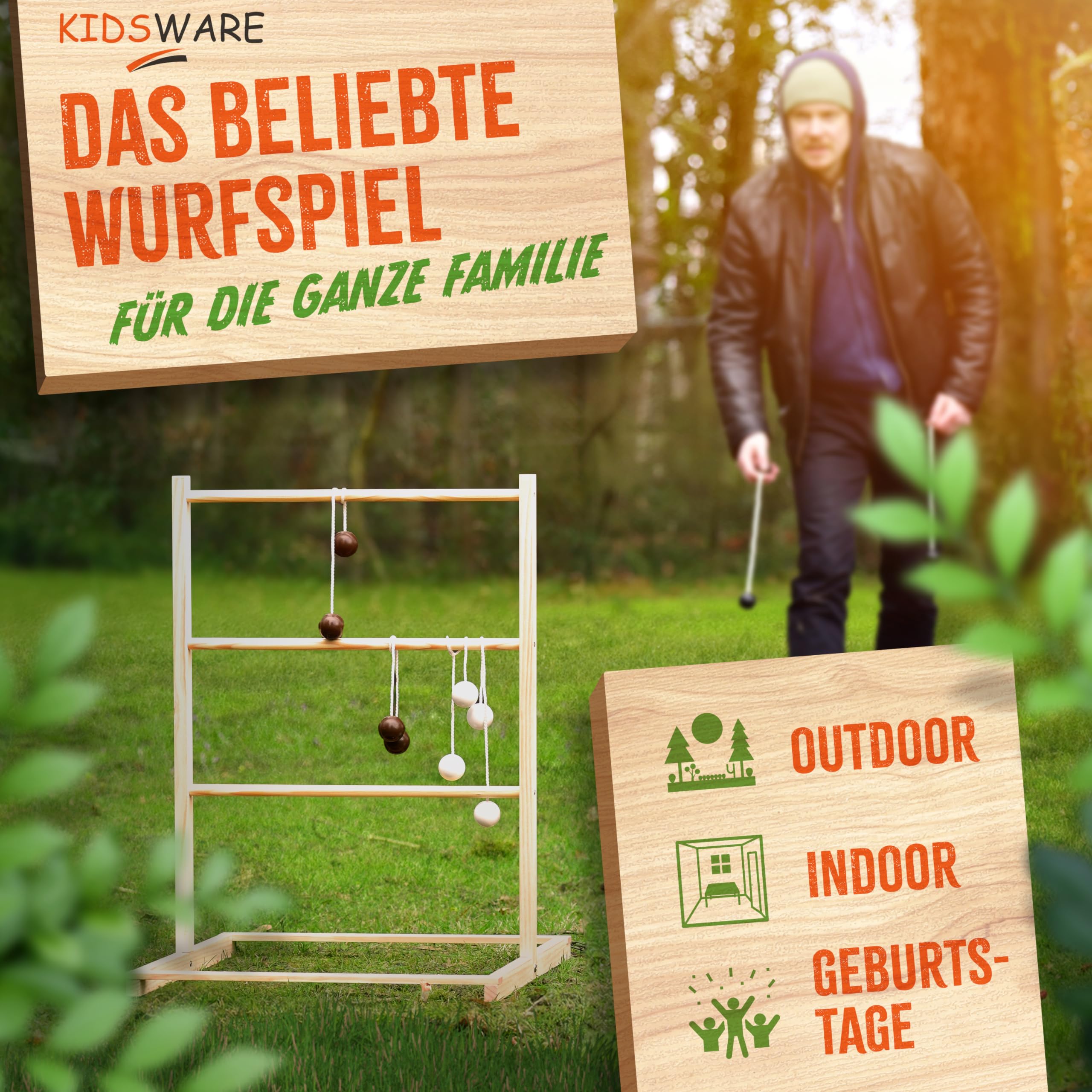 Jeu de golf d'échelle en bois pour adultes et enfants – 55 x 75 cm avec 9 bolas et sac