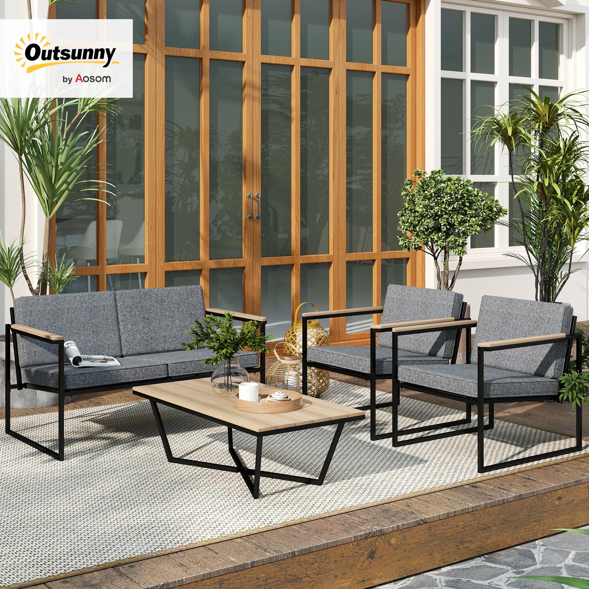 Outsunny Gartenmöbel Set Wetterfest für 4 Personen, 2er Sofa, Balkon Grau | 2 Stühle, Sitzkissen, Beistelltisch, Balkonmöbel-Set, Outdoor Sitzgruppe, Terrassenmöbel, Gartengarnitur, Garten, Terrasse