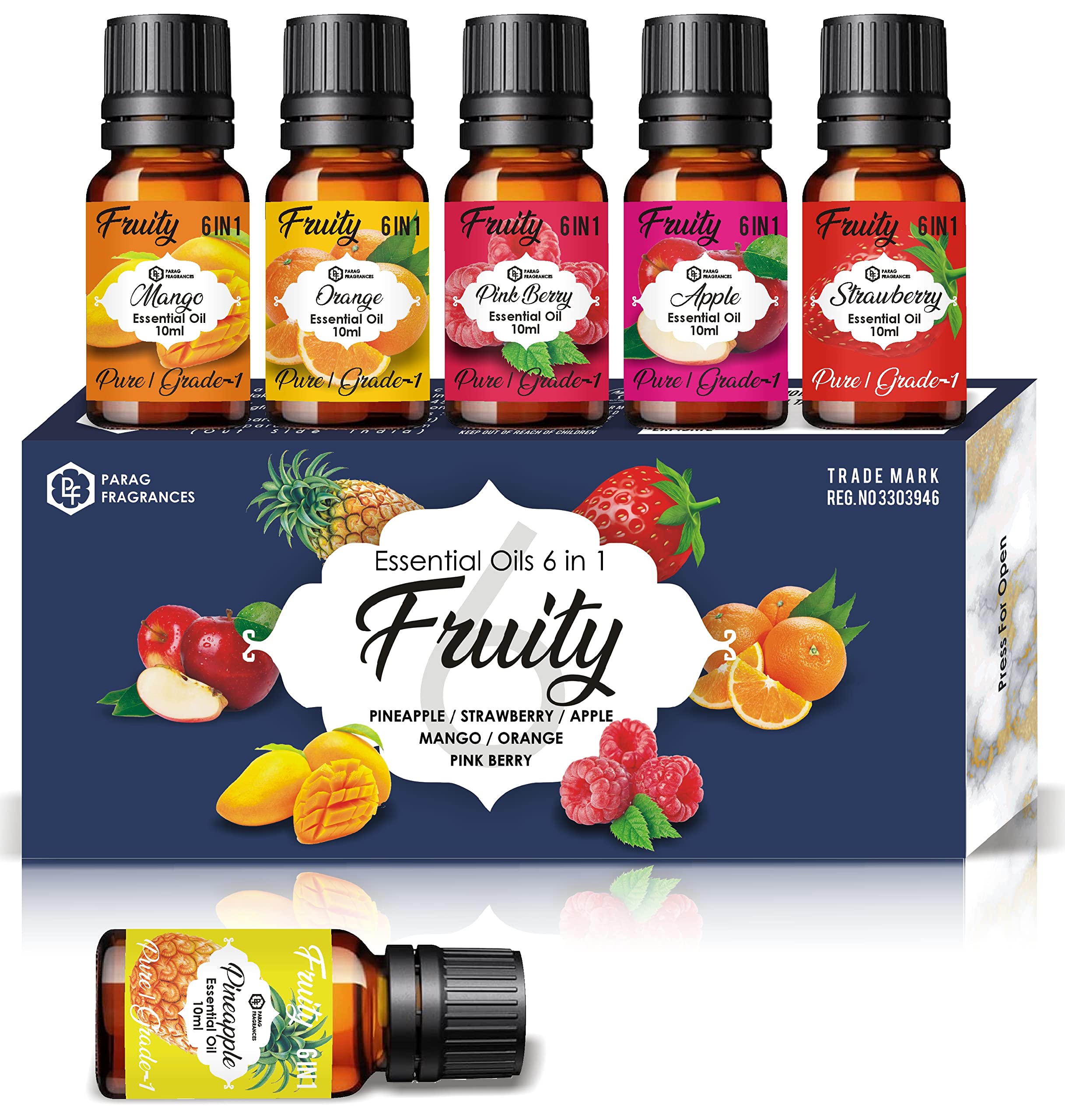 Parag Fragrances Fruity 6 IN 1 Essential Oil / फ्रूट्स एसेंशियल ऑयल / Set of Pineapple, Strawberry, Apple, Orange, Mango & Pinkberry / Pure, Natural, Organic & Steam Distilled Essential Oils