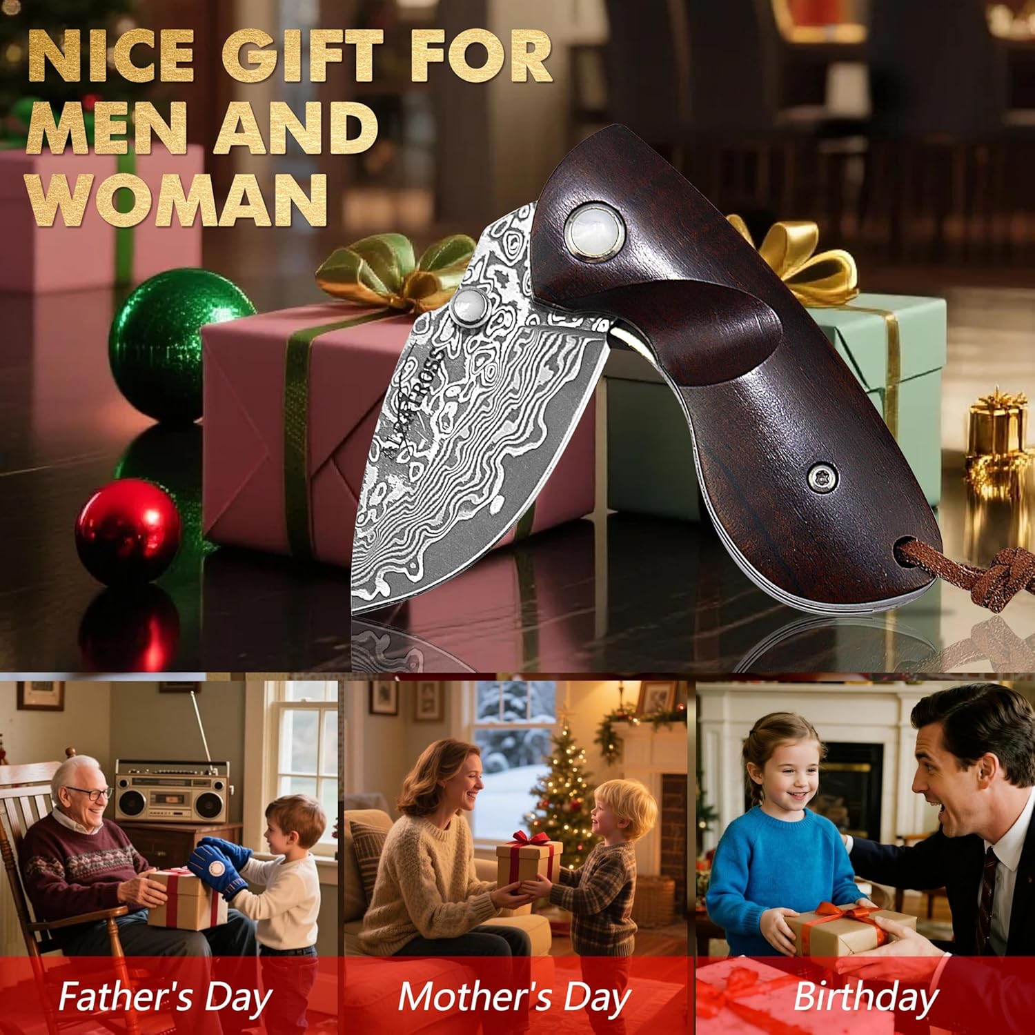 Father's Day, Mother's Day & Birthday Gift for Him, Her: ALBATROSS Mini Pocket Knife - 4.75" Modern Damascus Steel Folding Knife with Red Sandalwood Handle - 71 Layer Hand Forged Blade - Liner Lock System - Luxury Gift Box - HGDK013