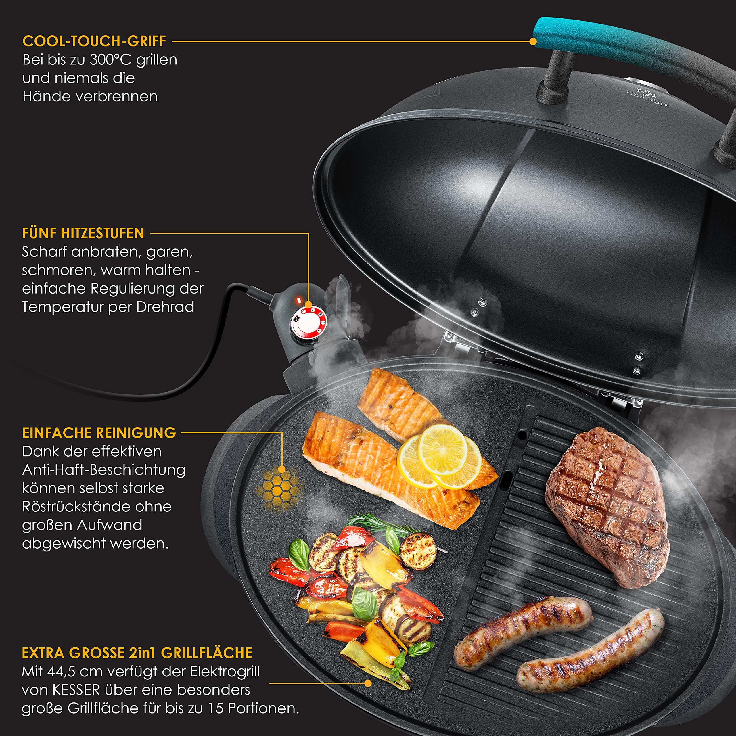 KESSER® elektrischer Elektrogrill 2in1 Tischgrill - Standgrill mit Deckel Standfuß | max. 2400 Watt Thermometer | Antihaftbeschichtung | XXL Grillplatte | integrierte Ablagefläche Elektro-Säulengrill