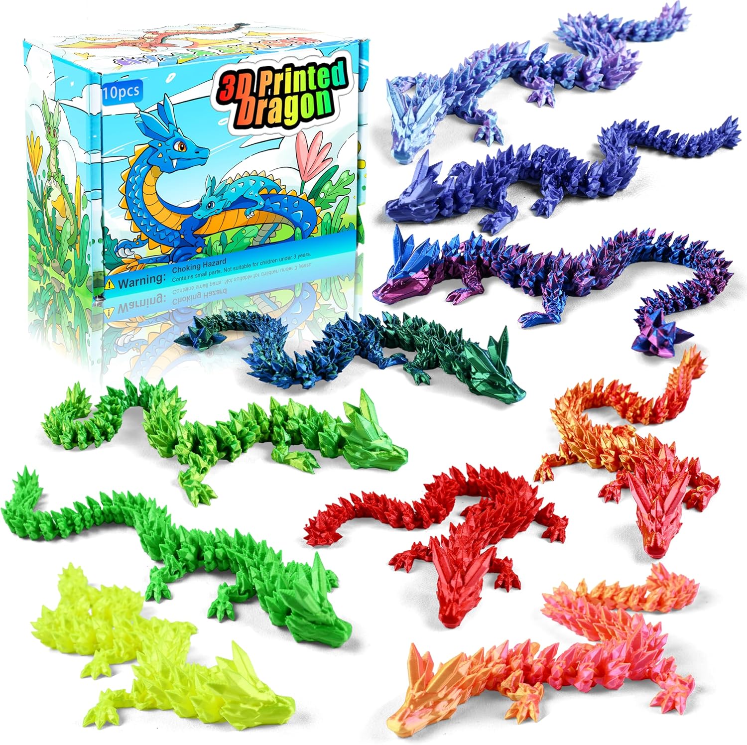Impossmaker 10PCS Rainbow 12" 3D Printed Dragon Set – Colorful Articulated Crystal Dragons, Cool Fidget Toys & Desk Decor, Unique 3D Printed Animals, Vibrant Gift for Teens, Adults, Fantasy Fans
