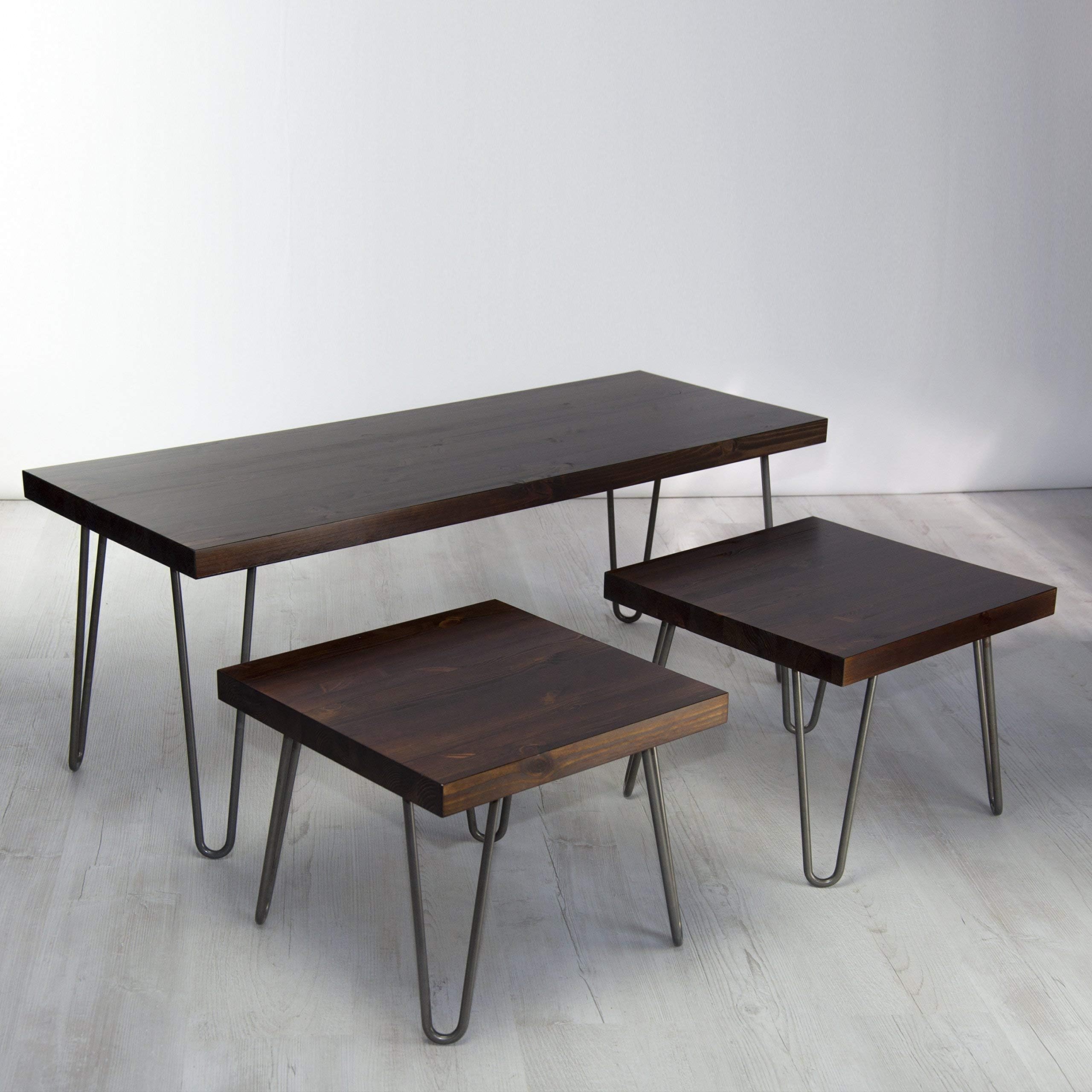 Vintage Industrial Solid Wood Coffee Table Set, Three-Table Nest - Metal Hairpin Legs, Rustic Jacobian Dark Wood Finish