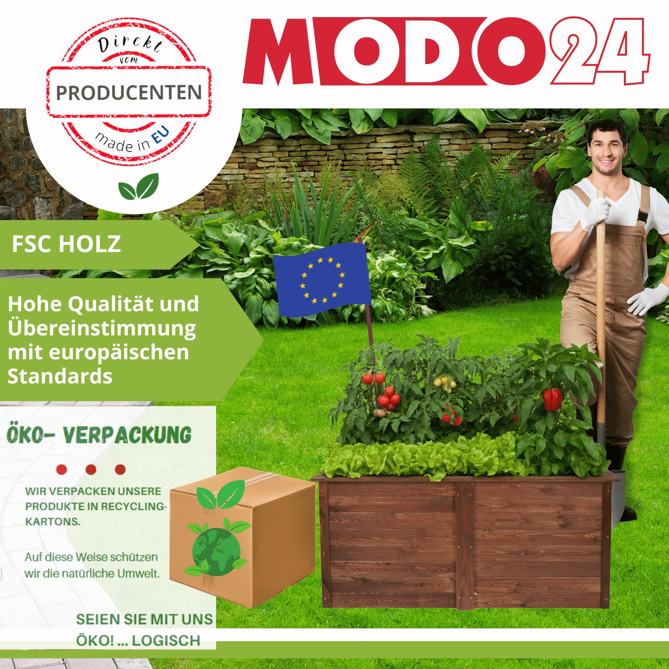 Hochbeet Holz XL, Modulares Blumenbeet & Gemüsekiste aus Kiefernholz, Blumenkasten, Gemüsebeet, Kräuterbeet, Anzuchtset, Anzuchtkasten, Wetterfest, Abmessungen 75x149x79 cm, Farbe: Braun
