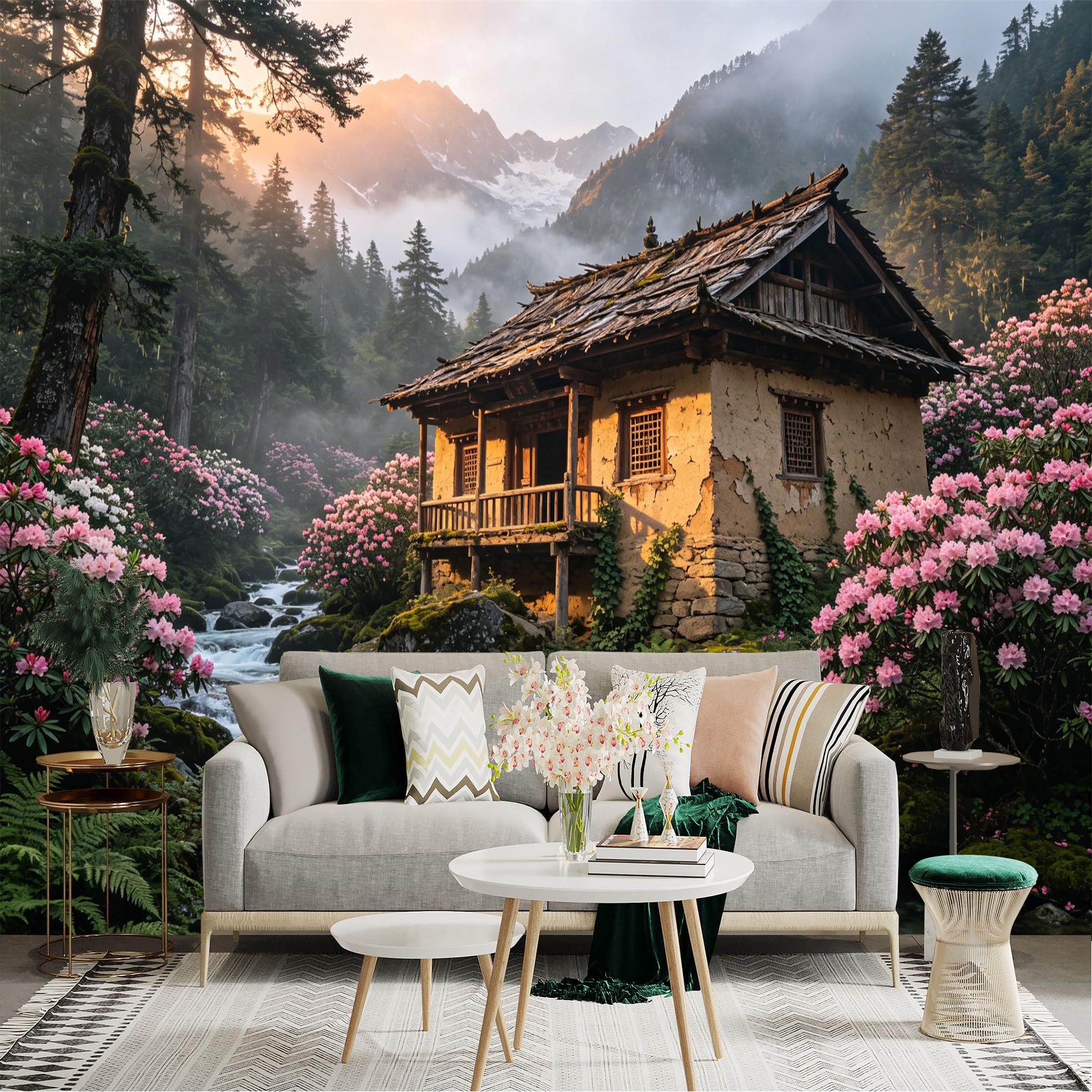 Custom Size Wall Sticker Mural， Mountain Cottage by River with Pink Flowers and Forest Landscape， for wall Decoration， peelandstick wall Decals.