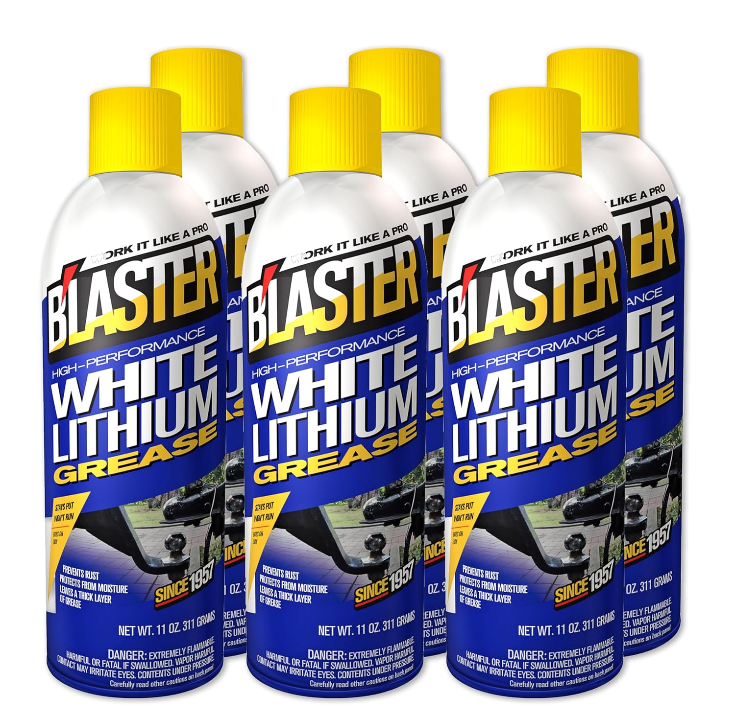 Blaster White Lithium Grease Spray  High-Performance Lithium Grease Spray  Helps Protect Against Moisture & Oxidation - Reduces Friction & Leaves a Durable Lubricating Layer  11 oz (Case of 6)