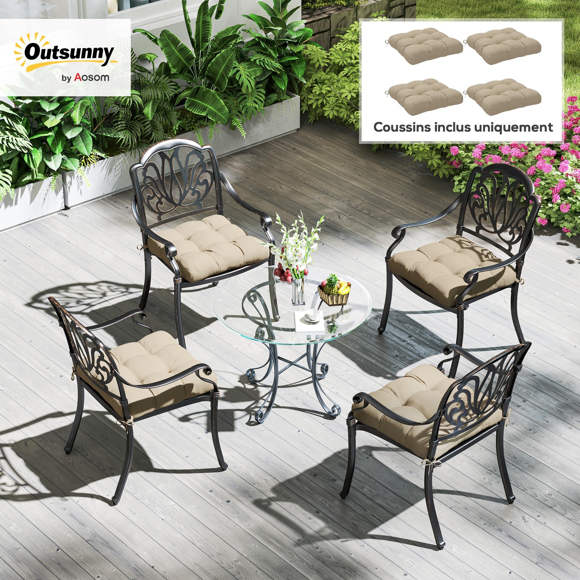Outsunny Set di 4 cuscini per sedie da giardino, Cuscini imbottiti per esterni, imbottitura 10 cm con lacci, dim. 48L x 48l cm Khaki