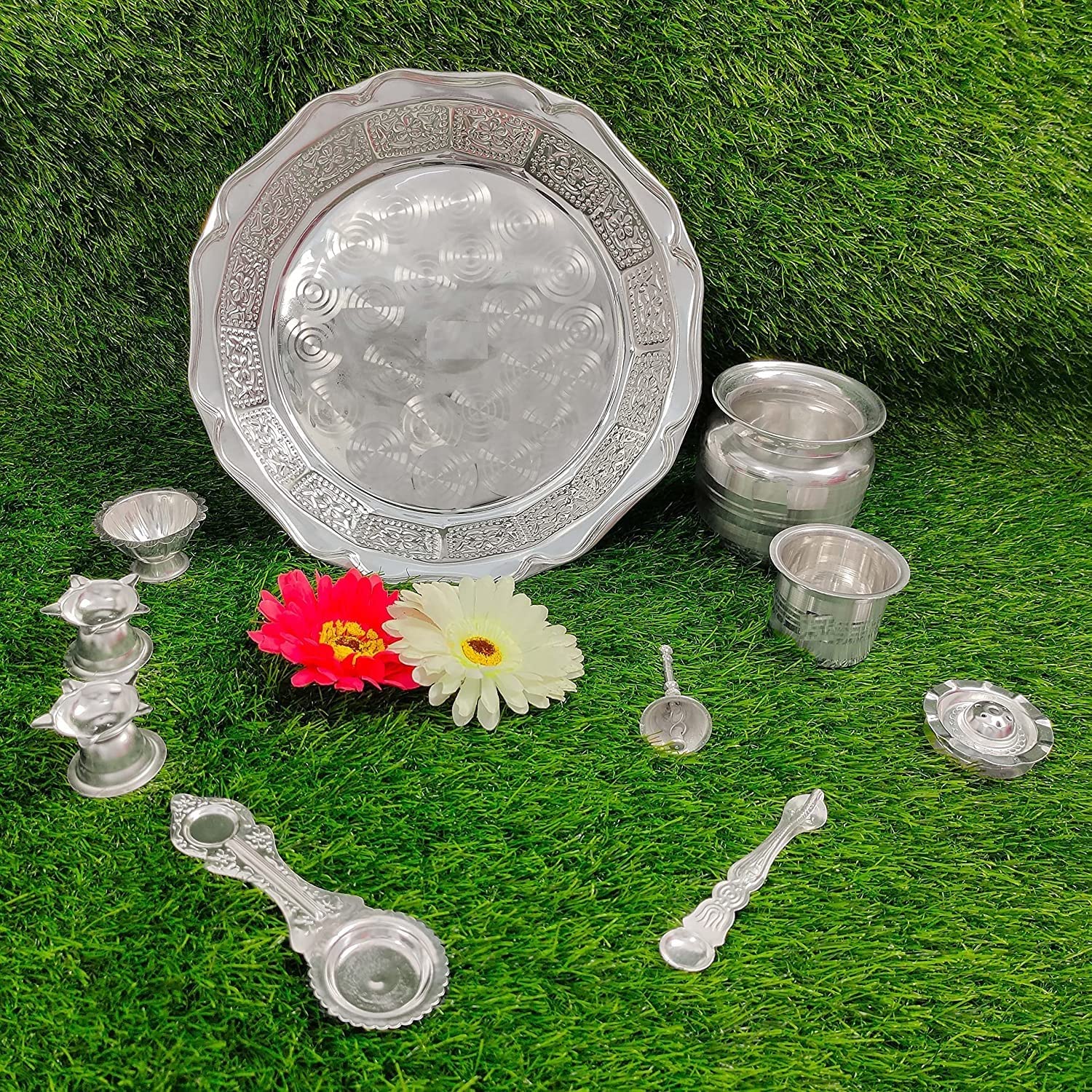 German Silver Pooja Plate Set - 11 Piece Kit -4