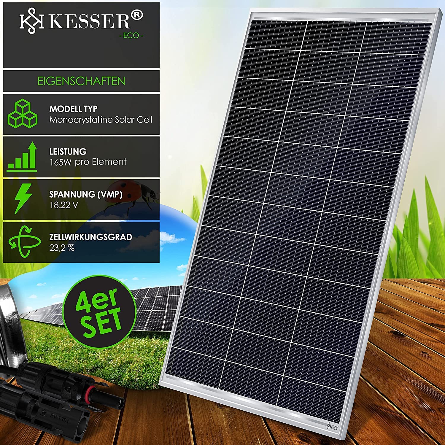 KESSER® Solarpanel 4er Set Monokristallin Solarmodul Solarpanel - 165W 18 V für 12 V Batterien, Photovoltaik - Solarzelle Solaranlage PV-Anlage Solar für Wohnwagen, Camping, Balkon, Gartenhäuser