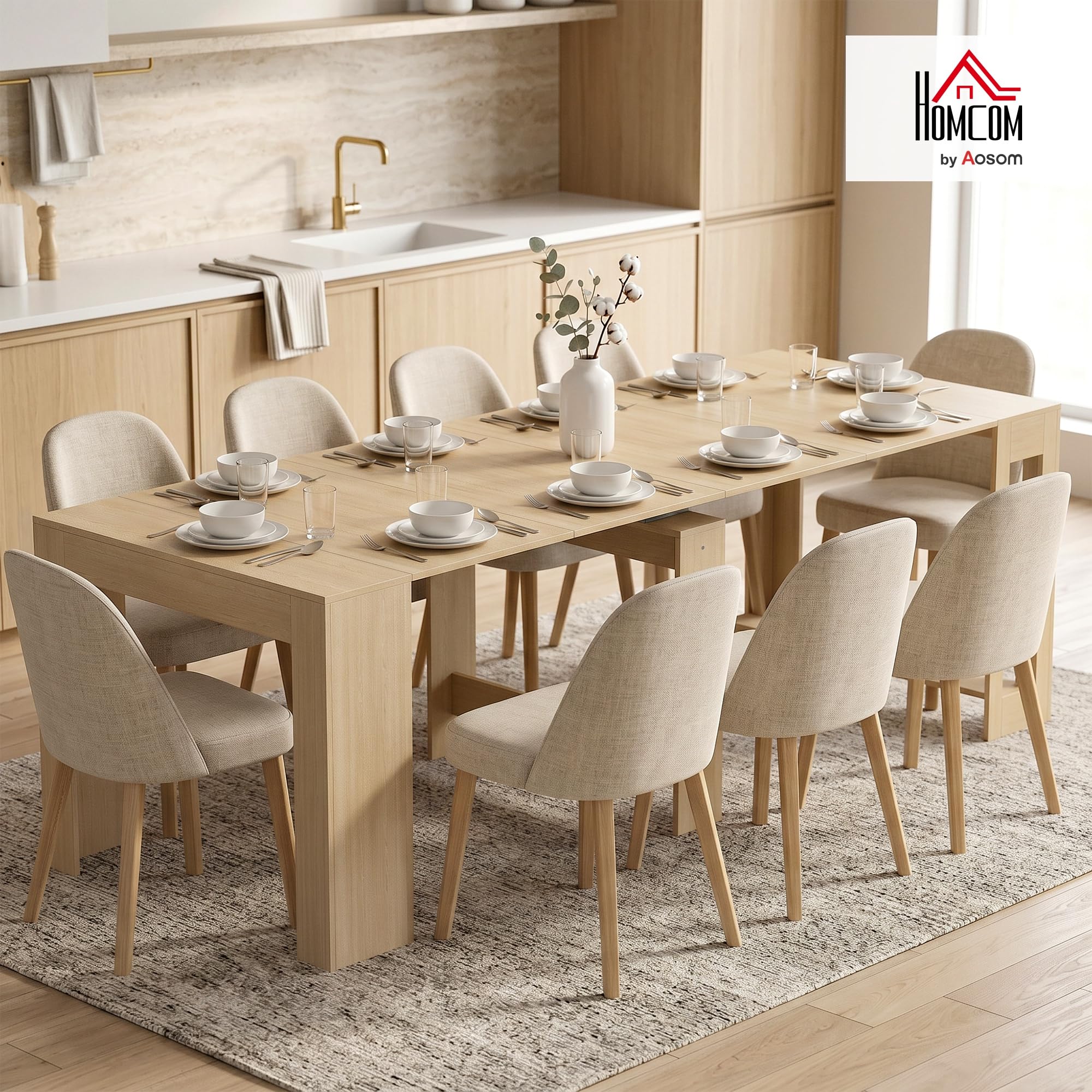 HOMCOM Tavolo da Pranzo Allungabile 48-240x90cm per 10 Marrone Chiaro | Tavolo Consolle Allungabile Rettangolare Salvaspazio, 4 Prolunghe, Soggiorno Cucina, Effetto Legno