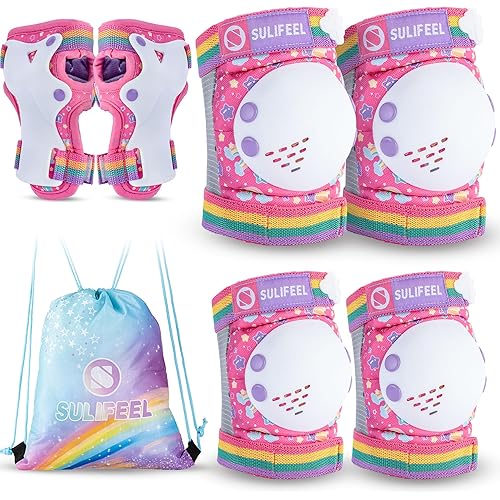 SULIFEEL Rainbow Unicorn Knee Pads for Kids Knee Elbow Pads Wrist Guards with Drawstring Bag Adjustable Protective Gear Set for Girls Roller Skating Bike Cycling Skateboard Scooter