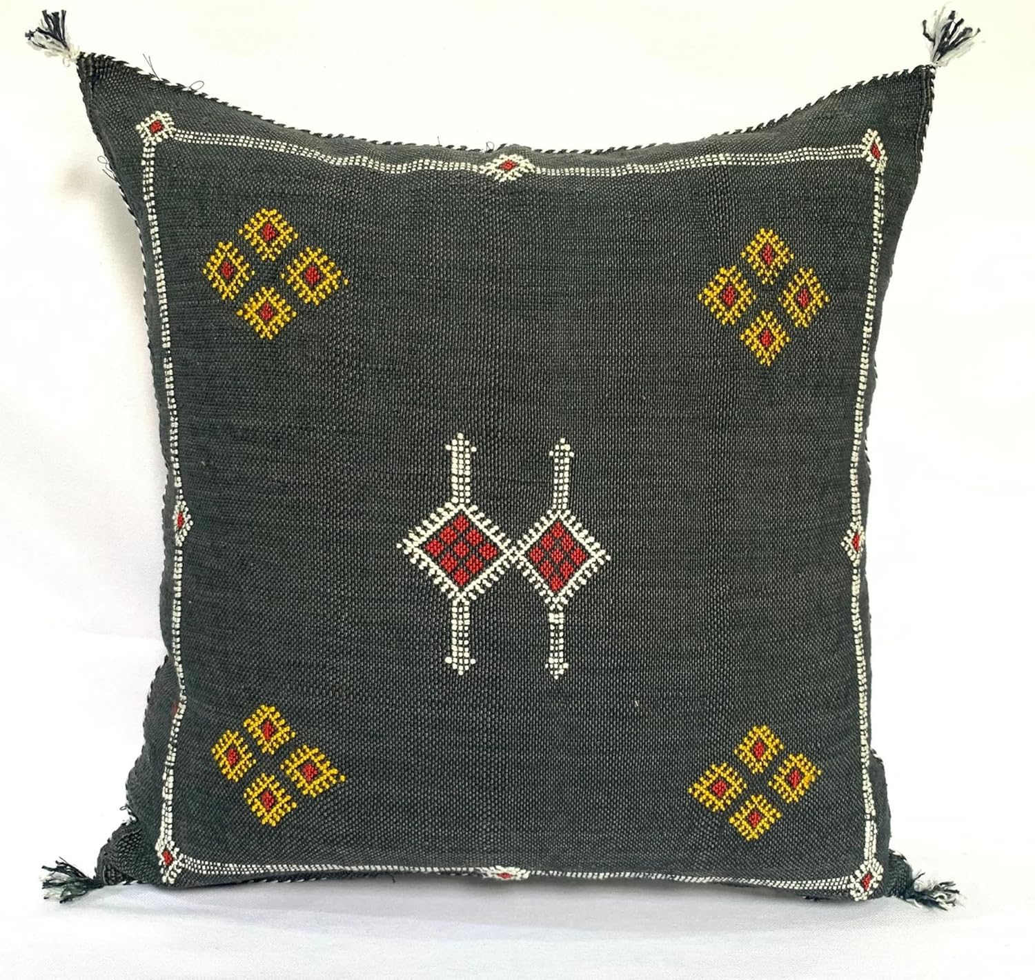 20x20 Moroccan Cactus Silk Embroidered Pillow Case | Handmade Sabra Decorative Throw & Lumbar Cushion Cover for Couch, Bed, or Lounge | Boho Artisan Home Décor - Dark Gray