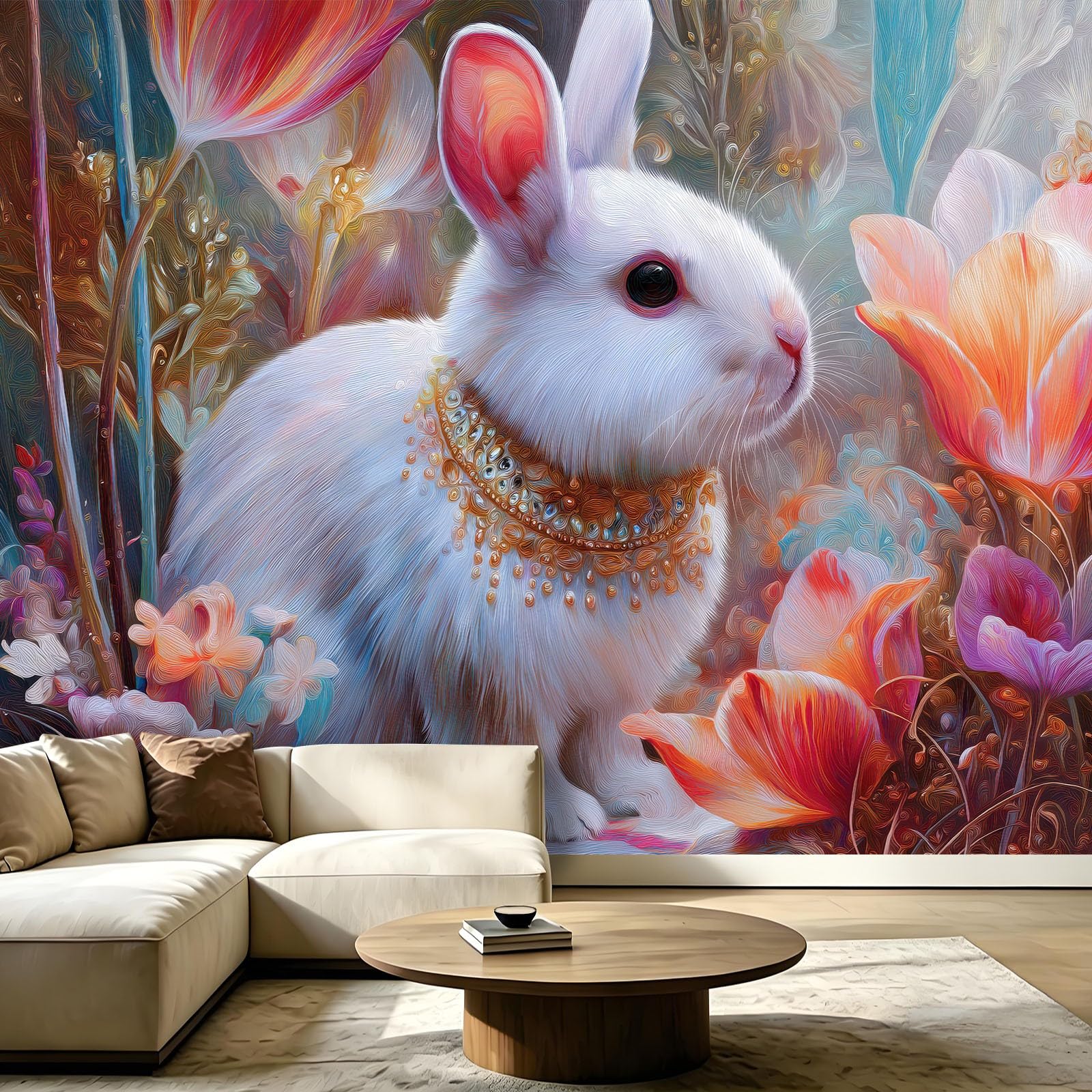 Générique Tapeta 3D z kwiatami tulipana królika 200 x 140 cm | Panoramiczna tapeta z kreskówkowymi zwierzętami | Dekoracja ścienna do salonu, sypialni, kuchni i łazienki | Plakat