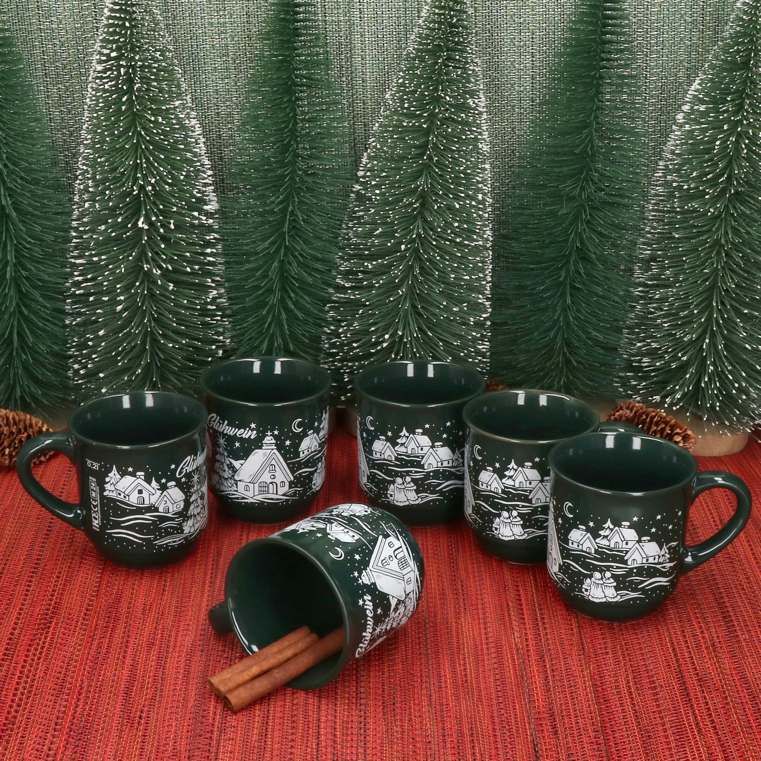 MamboCat 36er Set Glühweinbecher 0,2L grün Weihnachtslandschaft I Klassische Keramik Glühweintassen I geeicht I ideal für den Weihnachtsmarkt