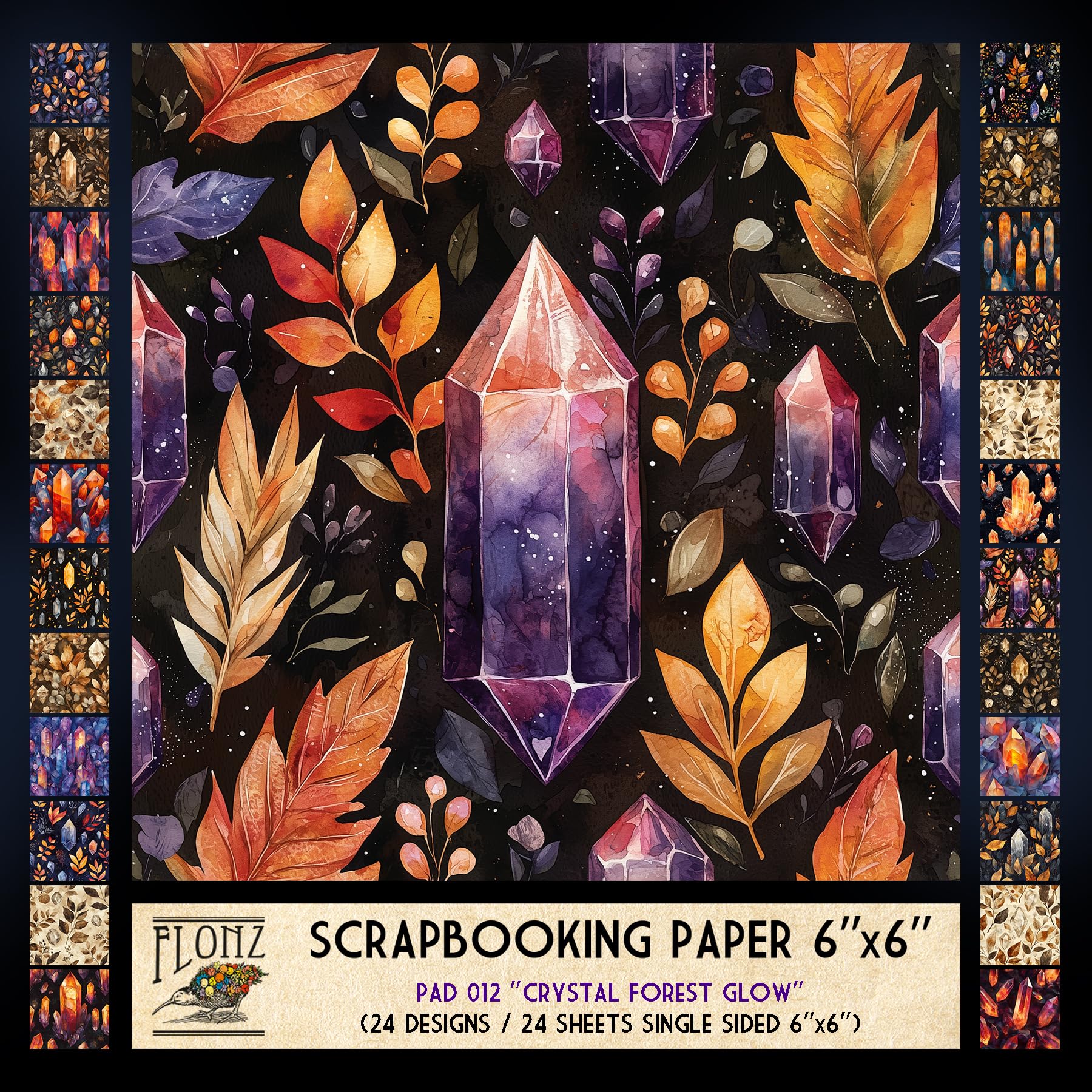 FLONZ Papier do scrapbookingu (24 arkusze 15 cm x 15 cm) Crystal Forest Glow ~ Mistyczna kolekcja ilustracji z kamieni szlachetnych i liści w żywym cyfrowym stylu malarskim ze świecącymi akcentami