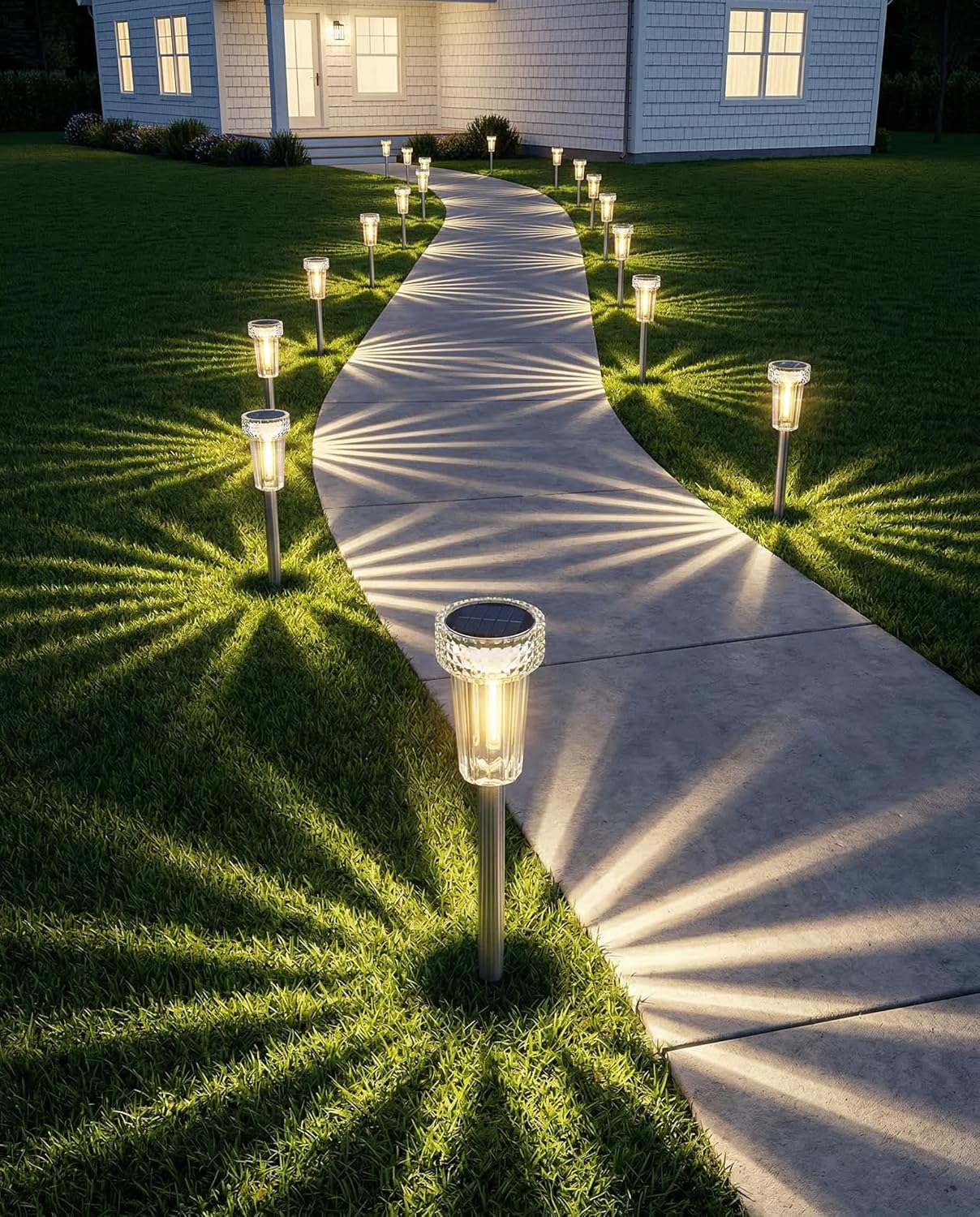 DERAYSION 12 Pack Solar Pathway Lights Outdoor, Auto Dusk-to-Dawn Landscape Garden Lighting, Waterproof Stainless Steel Pole Lighting for Path, Yard, Walkway, Garden, Driveway Decor - Warm White