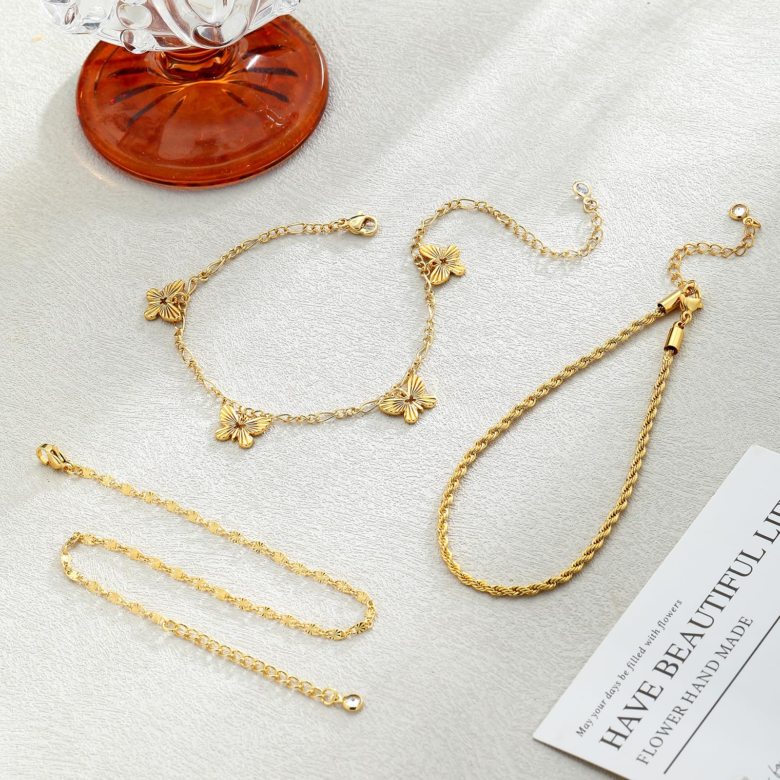 Tobilleras para mujer, impermeables, chapadas en oro de 14 quilates y plata de ley para mujer, juego de tobilleras con cadena de espiga cubana en capas, joyería de playa, 8, Latón, No es una 6