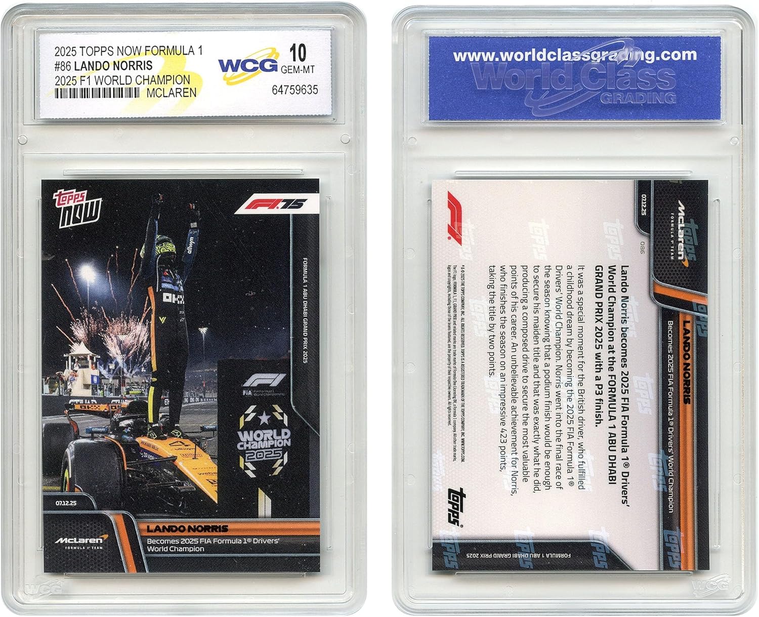 2025 Topps Now Formula 1 Lando Norris 2025 F1 World Champion Card McLaren #86 - Certified GEM Mint 10