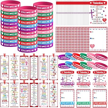 WinnerWhy 180pcs Religious Valentines Day Gifts 60 Christian Valentines Day Bookmarks 60 Religious Valentines Day Cards 60 Bible John 3 16 Bracelets for Classroom Party Favors