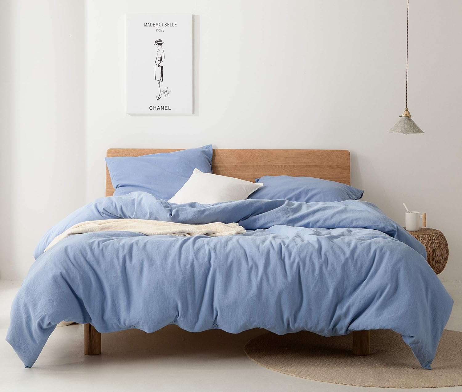 Best Deal PY HOME & SPORTS Queen Duvet Cover Blue Set, 3 Pieces Washed Cotton Linen Textured Duvet Cover Set Included 1 Duvet Cover and 2 Pillowcases, Solid Color and Ultra Soft (Queen, Haze Blue)