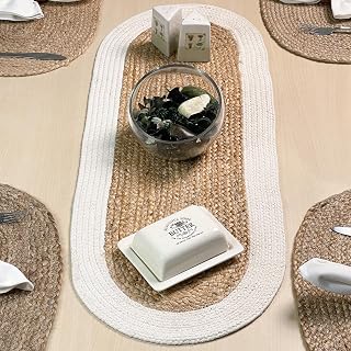 CHARDIN HOME Verona Oval Woven Jute & Cotton Braided Table Runner, Size -13 x 36 Inches, Color - Natural Jute with Ivory Border