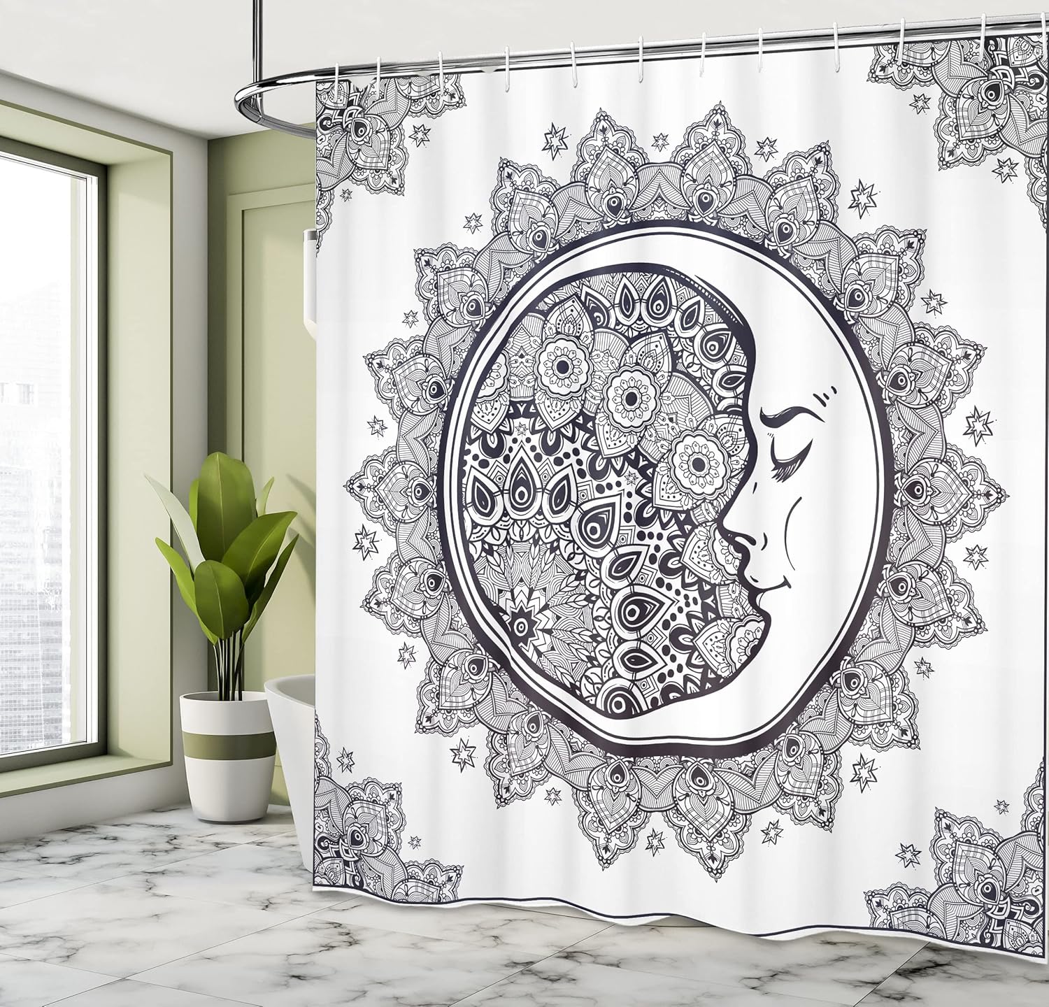 Ambesonne Zodiac Shower Curtain, Intricate Boho Mandala Form Crescent Moon Foreground Alchemy, Cloth Fabric Bathroom Decor Set with Hooks, 69" W x 75" L, White Charcoal Grey