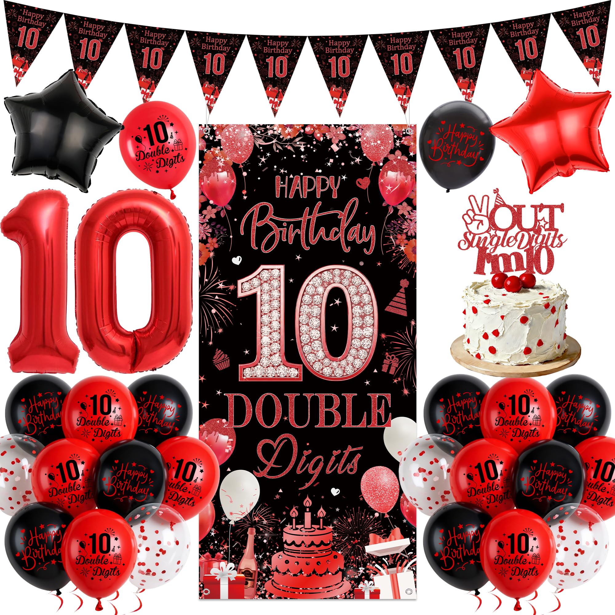 10th Birthday Decorations for Boys Girls - Red Black Happy 10th Birthday Banner and Pennant Flags, Star Number 10 Foil Balloons and Cake Topper for 10 Years Old Children Party Supplies