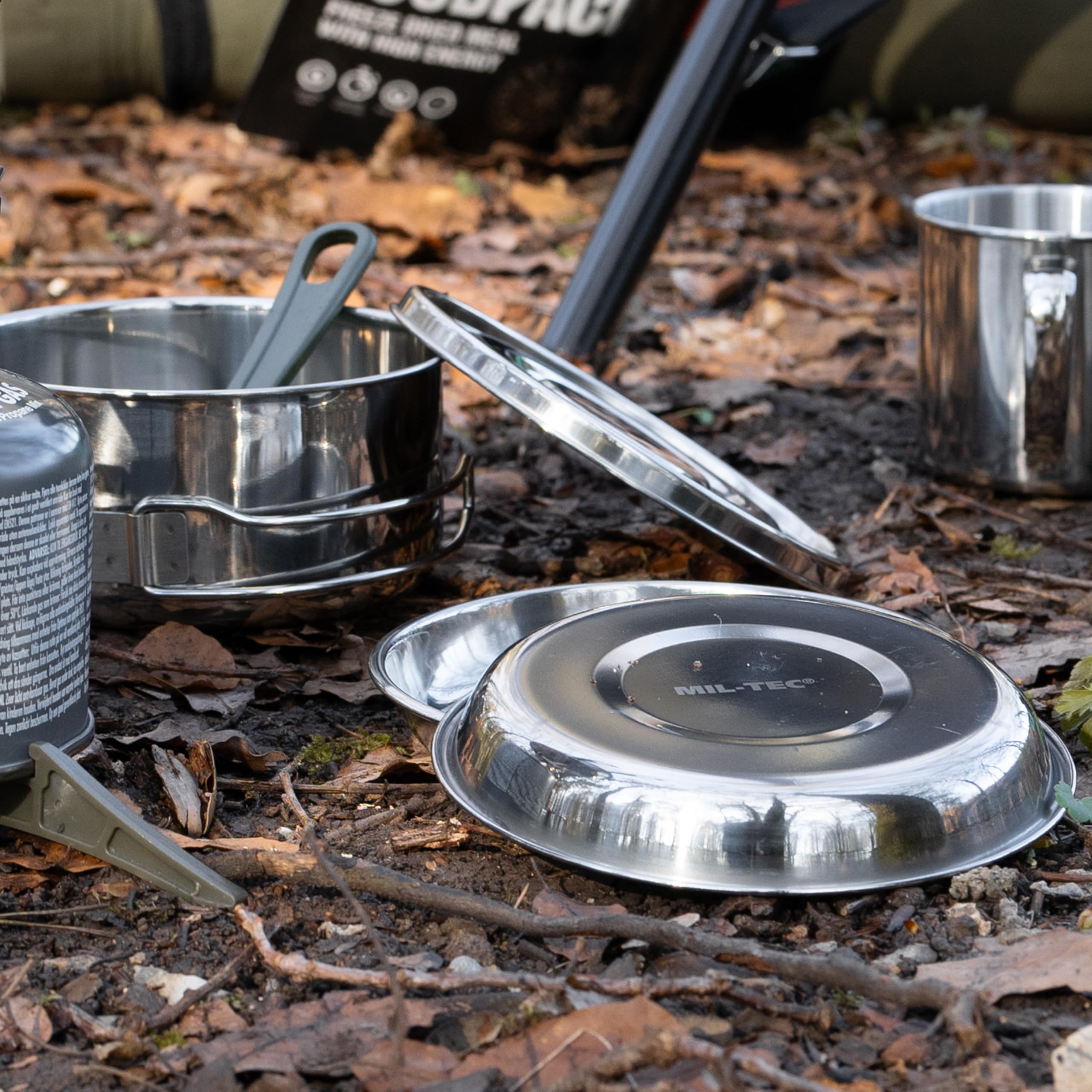 Mil-Tec Camping Koch‑Set Edelstahl • Edelstahl Outdoor Kochgeschirr • Kompakt & stapelbar • Ausklappbare Griffe • Deckel als Teller