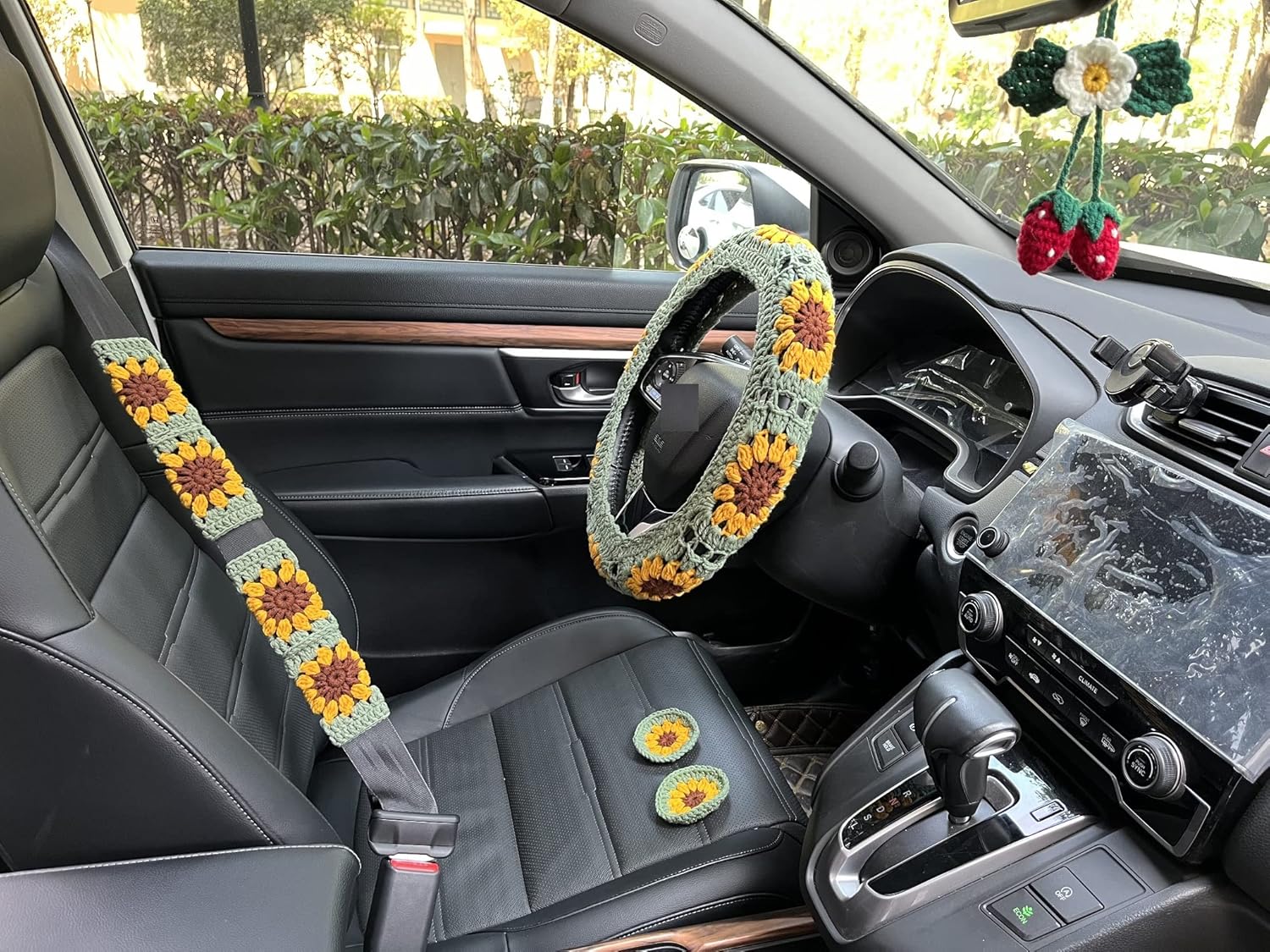 Handmade Crochet Sunflower Flower Car Steering Wheel Covers Universal 14-15 inch for Women and Men (Wheel Covers+2belt Covers+2Car Coasters+Strawberry)