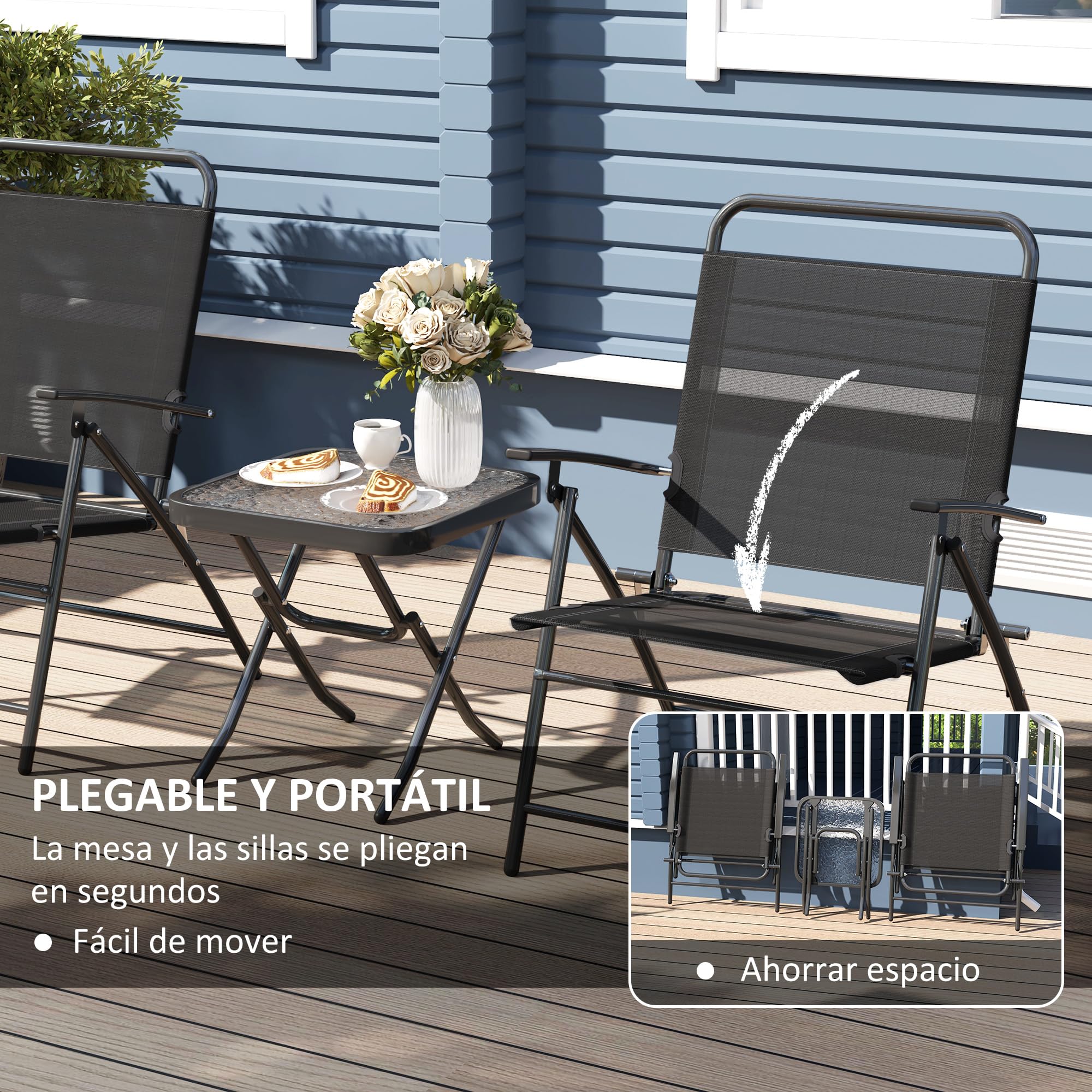 Outsunny Conjunto de Mesa y Sillas de Terraza Exterior de 3 Piezas Muebles de Jardín Exterior Plegables con Respaldo Regulable Tablero de Vidrio y Estructura de Acero Negro