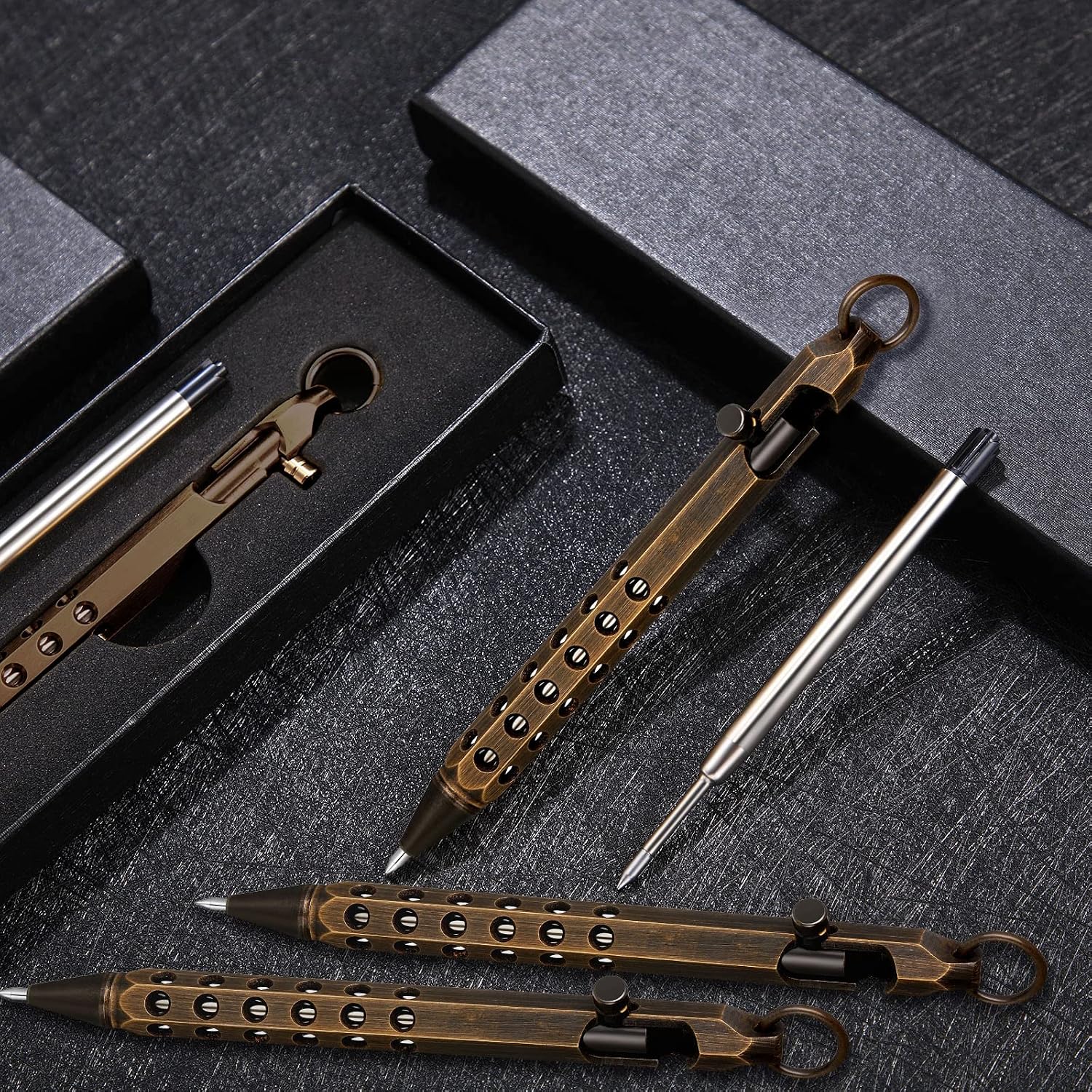 Chinco 12 Pcs Bolt Action Pen Sets Gift for Men 4 Hexagon Solid Brass Pens 8 Ink Refills Edc Pen Signature Pocket Size with 4 Gift Box for Father's Day(Retro Black)
