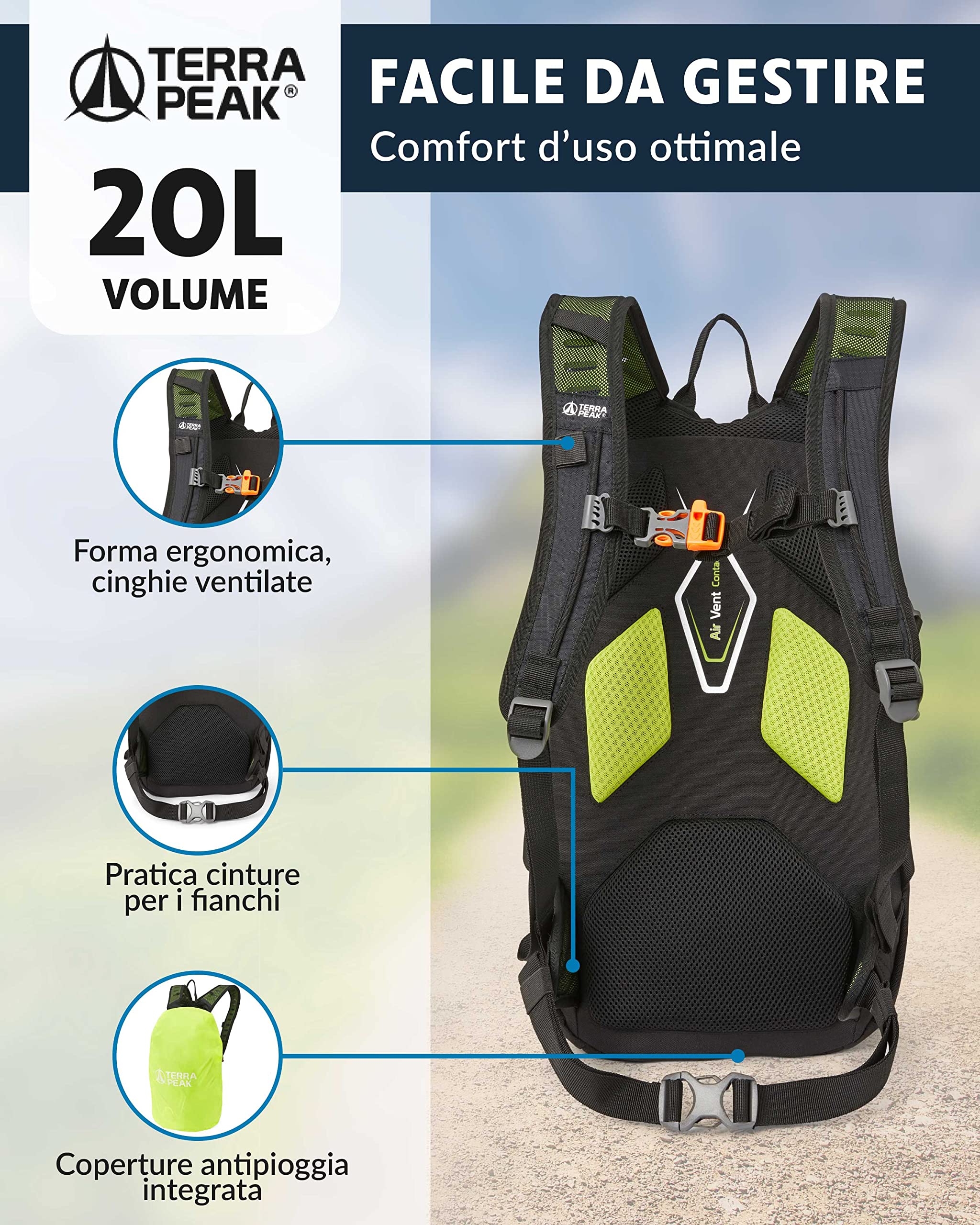 Terra Peak® Zaino da Trekking 20 litri per uomo e donna (ACTIVE 20 PICCOLO) - Zaino da escursionismo, viaggio e montagna da esterno ergonomico e impermeabile con ventilazione posteriore (traspirante)